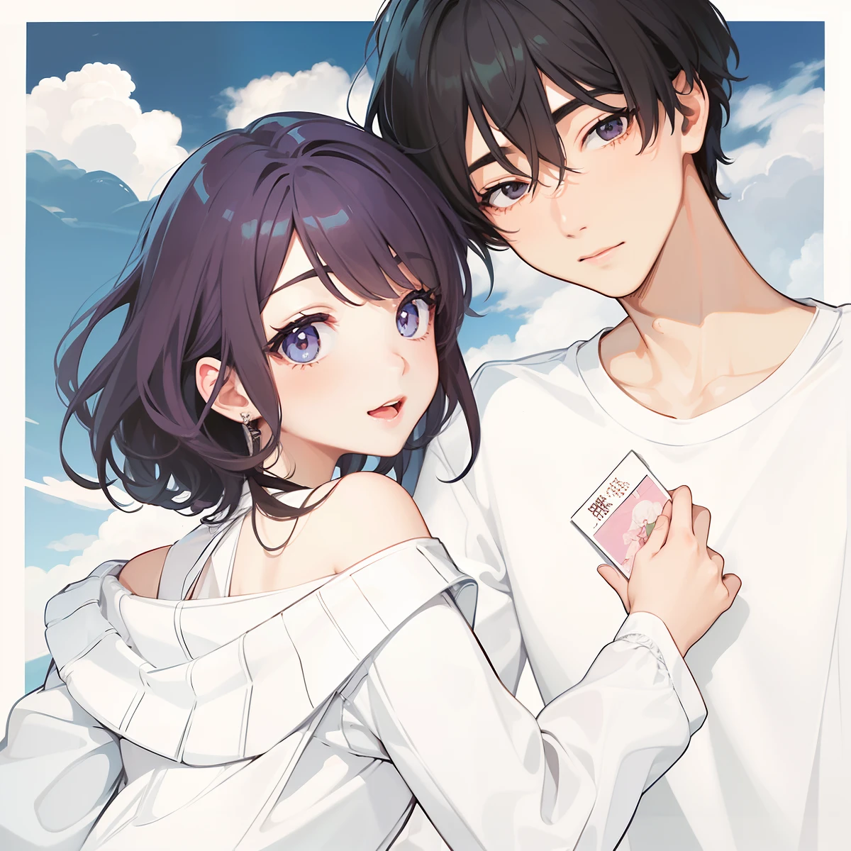 (tmasterpiece、top-quality、illustratio、Extremely high quality、high-level image quality、Extremely sensitive writing)Male and female couples Boy in white shirt holding girl with short hair in his arms,Warm