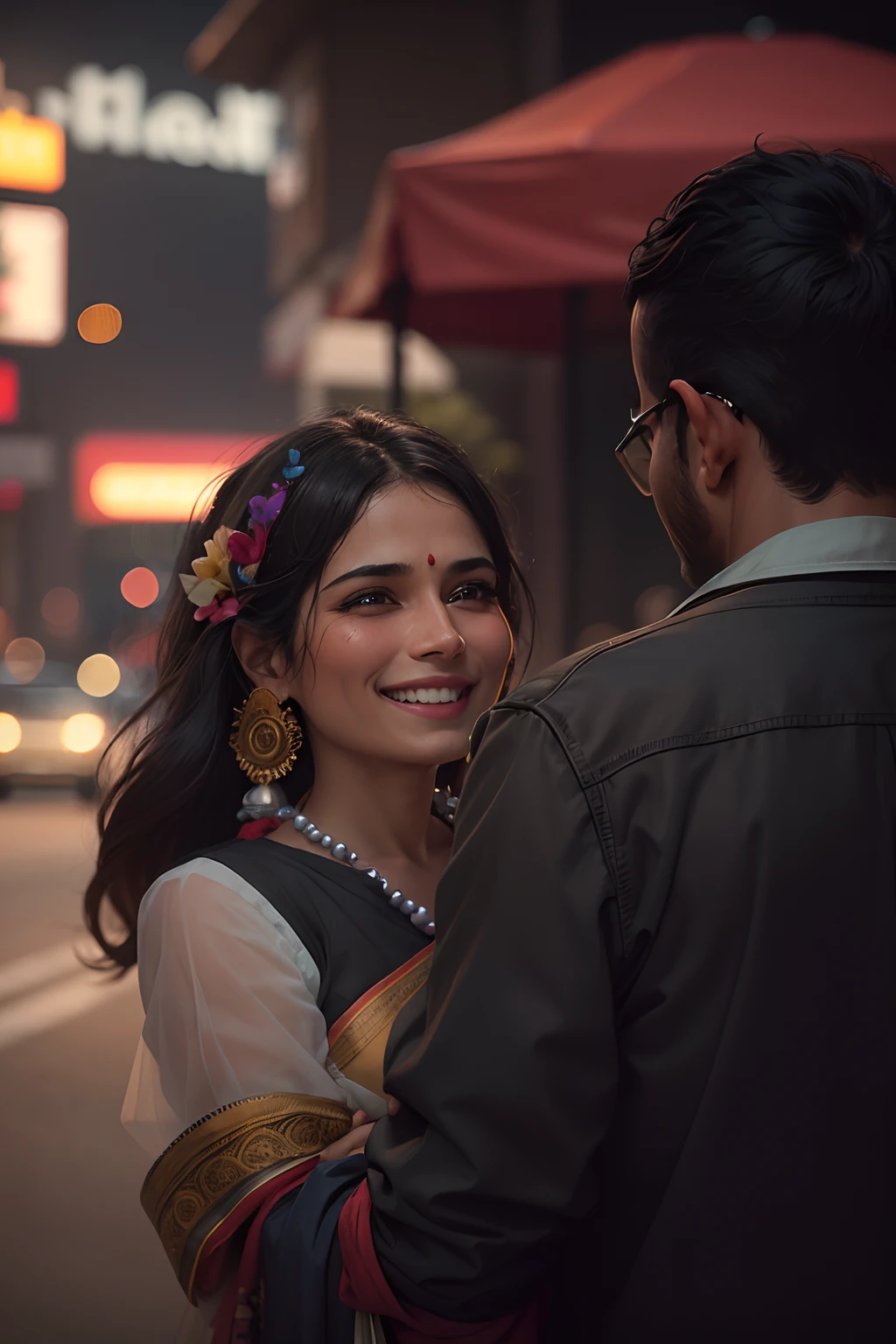 there is a man and woman standing together in a parking lot, candid picture, candid photograph, candid portrait, candid photo, candid shot, candid photography, with lovely look, indian, candid, she has a distant expression, she is smiling and excited, candid!! dark background, taken with canon 8 0 d, joyful look, she is smiling
