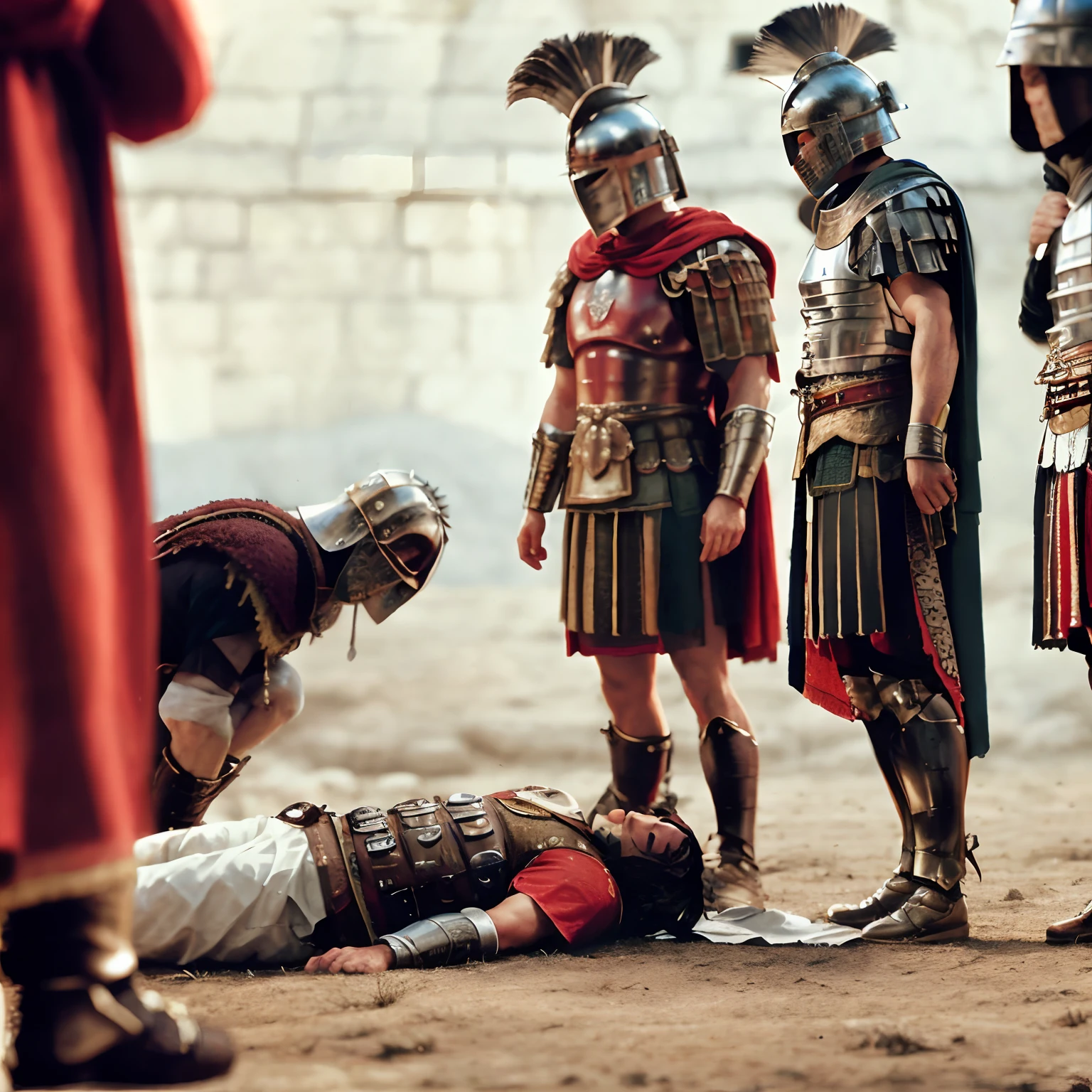 There are four men dressed in Roman armor around a man lying on the ground, vestidos com roupas romanas, vestido com armadura romana, gladiador romano, em uma paisagem de arena de gladiadores, cena poderosa, historical reenactment, roman centurion, cena heroica, dramatic scene, historicamente preciso, Armadura romana tradicional, ainda de um filme live action, cena do filme live action