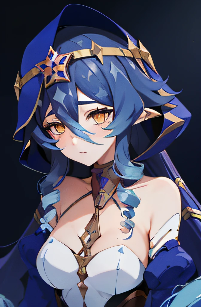 ((tmasterpiece，4k wallpaper，best qualtiy))layladef, Be red in the face, simple backgound, Moody light，light particules，Blue Themes，Busty body，Brilliant，smooth thigh, anime style, genshin impact