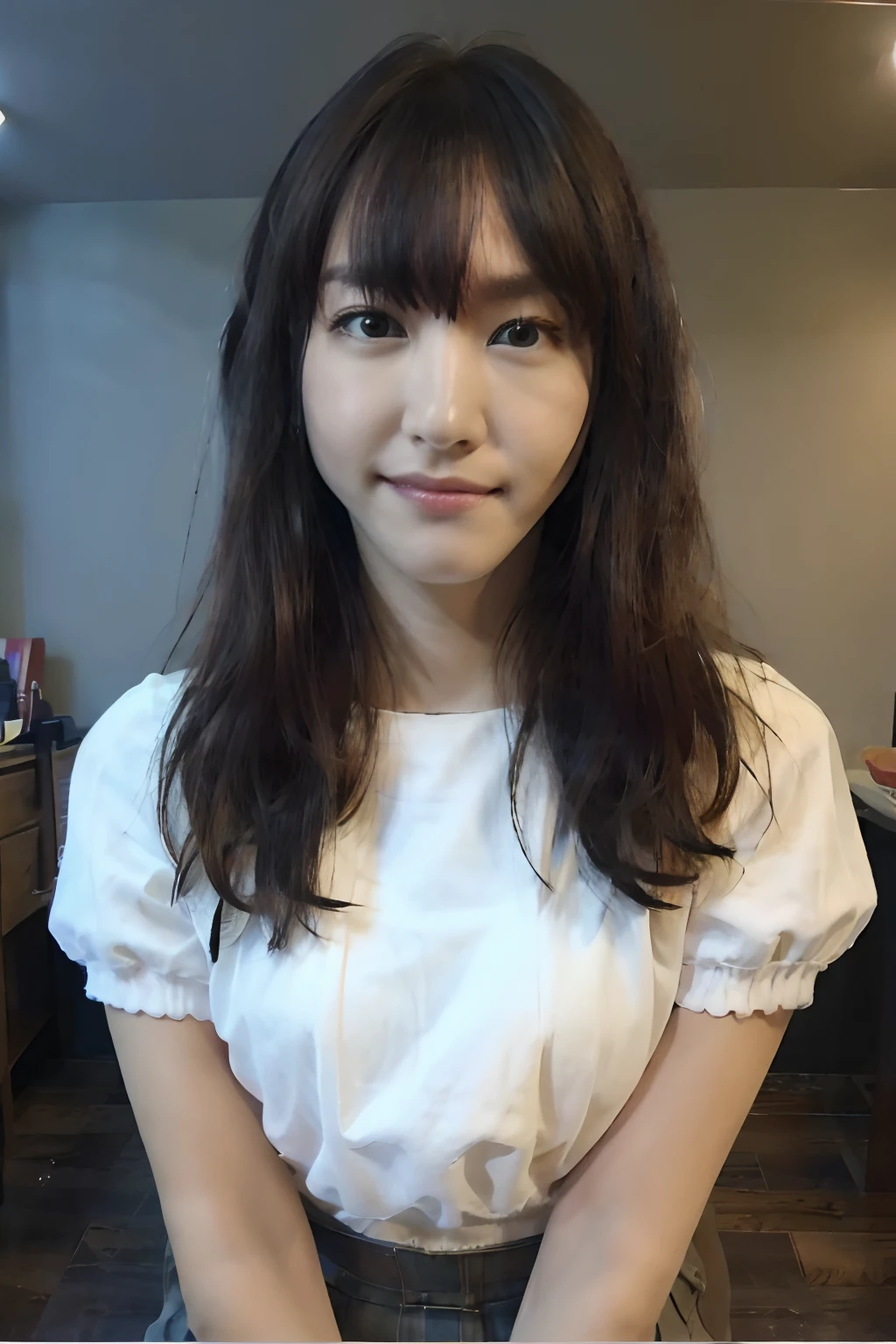 (realisitic、Photorealsitic:1.37)、(8k、RAW Photography、top-quality、​masterpiece:1.2)、very long hair，bangs，cute little、ultra-detailliert、Heart-shaped pupil、physically-based renderingt、high resolution、Kodak Vision Color、Captured with an Arricam LT camera、bokeh dof、foco nítido、
If you look at the viewer、Photorealsitic、realisitic、独奏、Photorealsitic、top-quality、extra detailed face、extremely detailed eye and face、beatiful detailed eyes、absurderes、incredibly absurdness、haunting smile、