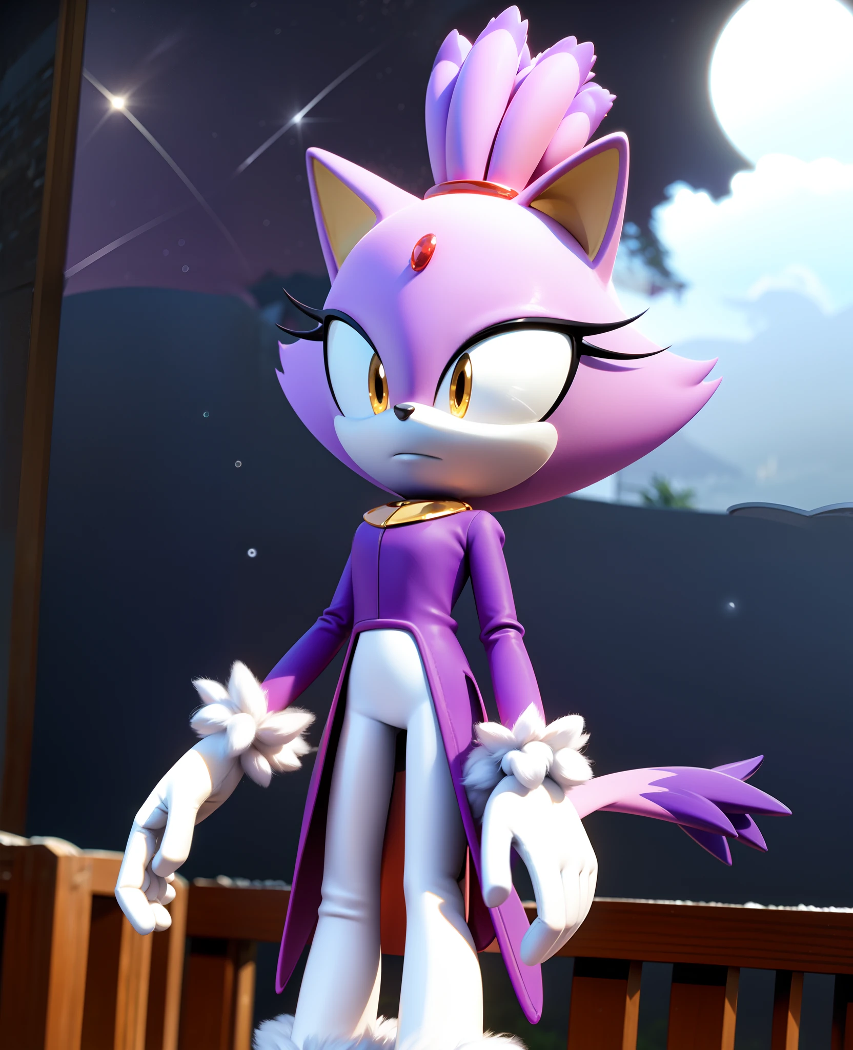 masterpiece, best quality, highres, Blaze The Cat,  1girl, gold necklace, white jumpsuit, animal_ears, closed_mouth, red forehead_jewel, fur-trimmed_gloves, fur_trim, furry, furry_female, gloves, long_sleeves, purple_coat, purple_hair, solo, standing, tied_hair, topknot, white_gloves, white_pants, yellow_eyes, tail, photo background,  night sky, castle, solo, shooting star, star \(sky\), perfect hands, perfect anatomy