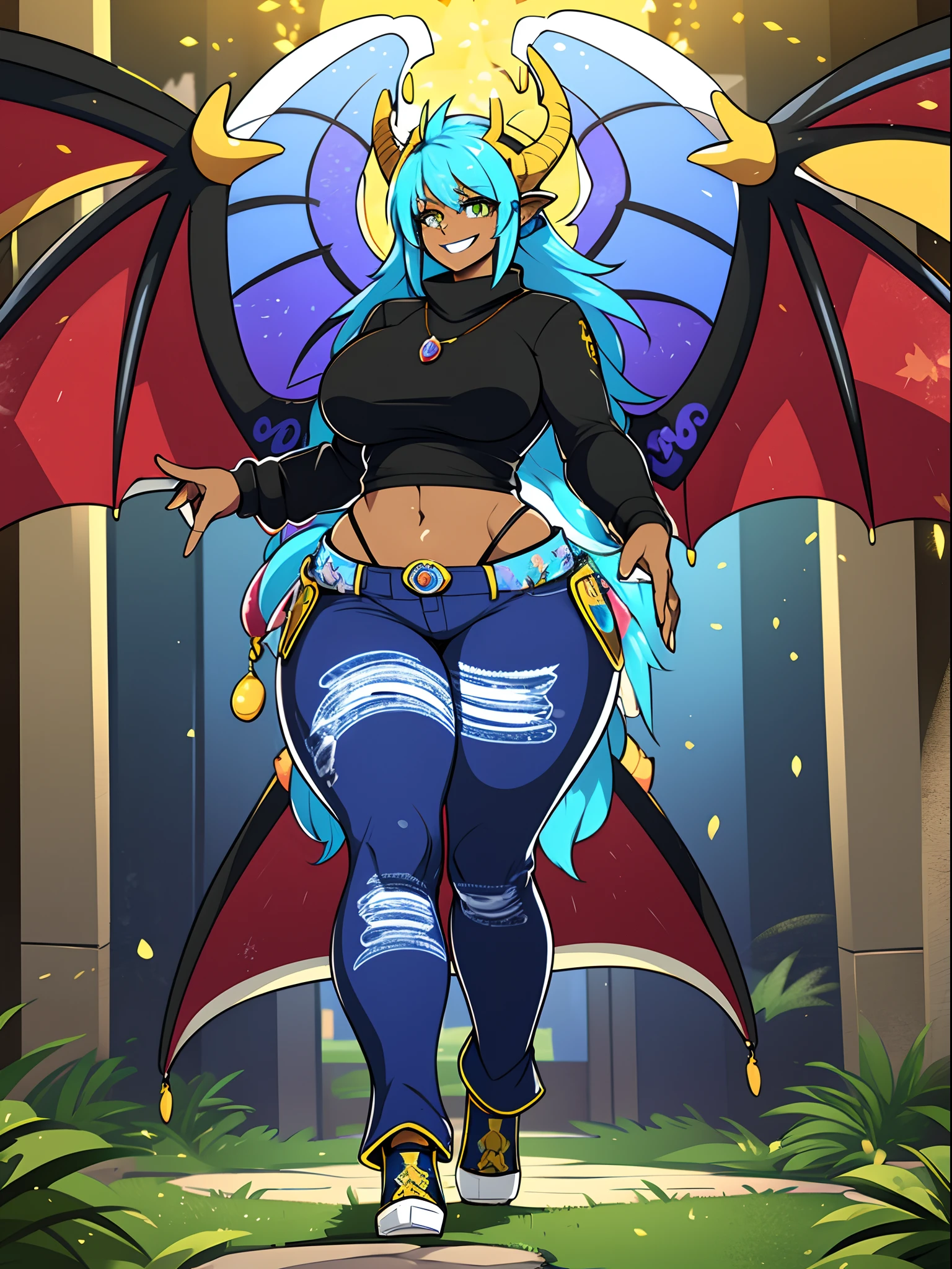 sapphirus, darkskinned-female, dragon wing, smile, pants, full body, standing, pullover