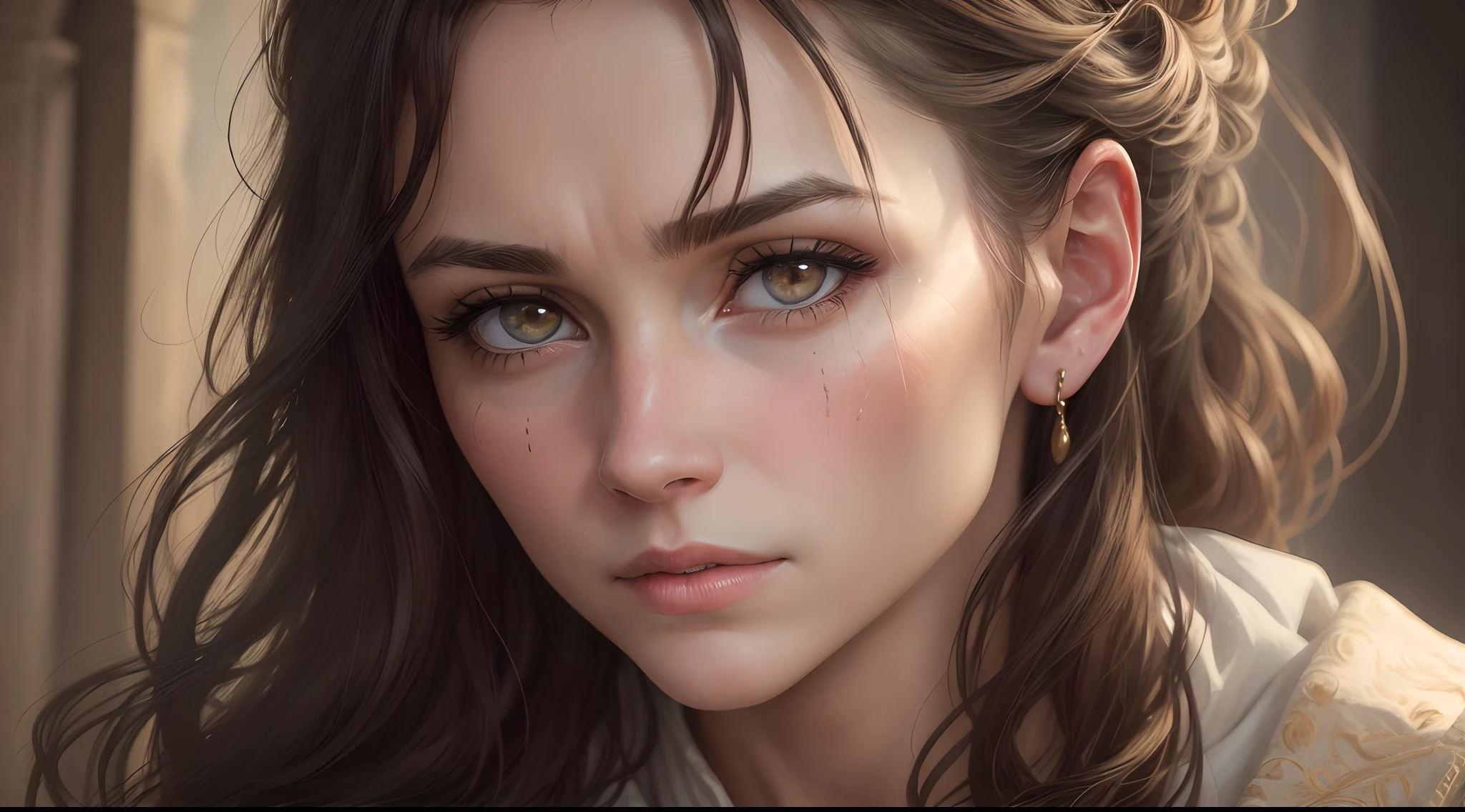(best quality,4k,8k,highres,masterpiece:1.2),ultra-detailed,(realistic,photorealistic,photo-realistic:1.37),a woman in her mid-thirties,strong and determined expression on her face,only the face,biblical times,illustration,detailed facial features,portrait,aged skin texture,emotional eyes,historical setting,subtle lighting,rich color palette,strong jawline,divinely inspired artwork