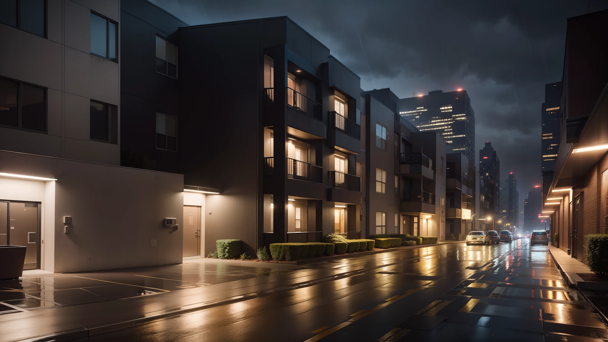 Exterior of an American apartment complex, Tall buildings, Night, rained, Little stray cat, Some lights turned on the building, pedestrian walkway