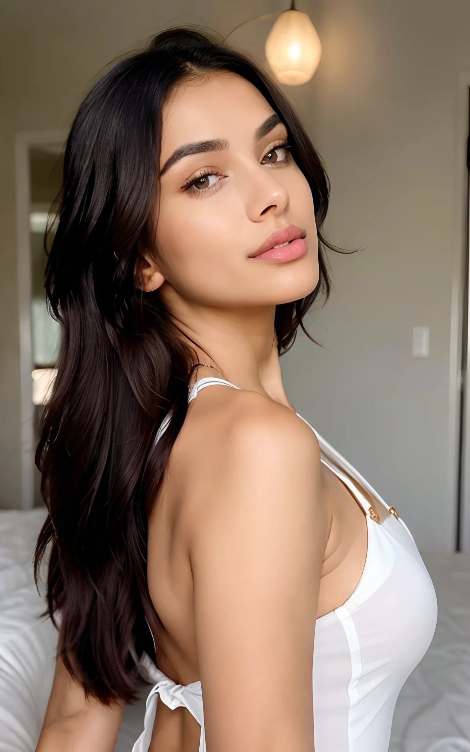 Generate a high-resolution, realistic image of a beautiful Indian female AI influencer. She should appear to be in her mid-20s. Her hair should be long, straight, and jet-black, cascading down to her mid-back. She should have a fair, flawless, and radiant white skin tone. Her eyes should be large, almond-shaped, and expressive, with dark brown irises that glisten with warmth and charm. She should have perfectly arched eyebrows that frame her face elegantly, a button-shaped nose, and full, soft lips with a natural pinkish hue. Her face should be well-proportioned with high cheekbones, a slender jawline, and a graceful neck. The overall image should convey a sense of confidence, approachability, and beauty while staying true to her Indian heritage