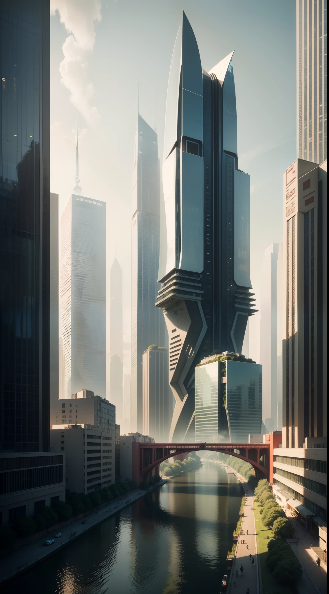 arafed view of a city with a bridge and a river, by Zha Shibiao, inspired by Zha Shibiao, landscape of a future city, inspired by Cheng Jiasui, beeple rendering, city of the future, with tall glass skyscrapers, beautiful city of the future, skyscrapers with greenery