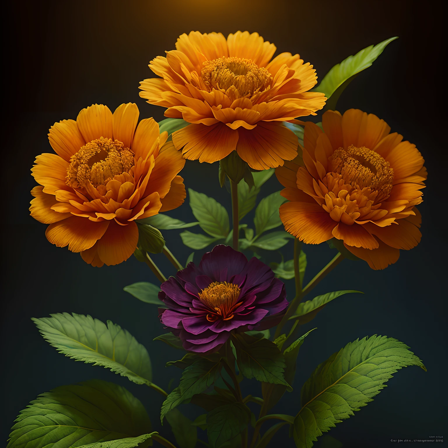 A flower by Casey Weldon, Olga Kvasha, Miho Hirano, hyperdetailed intricately detailed gothic art trending on Artstation triadic colors Unreal Engine 5 detailed matte painting, deep color, fantastical, intricate detail, splash screen, complementary colors, fantasy concept art, 8k resolution, gothic deviantart masterpiece, (dark shot:0.9), art by greg rutkowski and artgerm, soft cinematic light, adobe lightroom, photolab, hdr, intricate, highly detailed, marigold