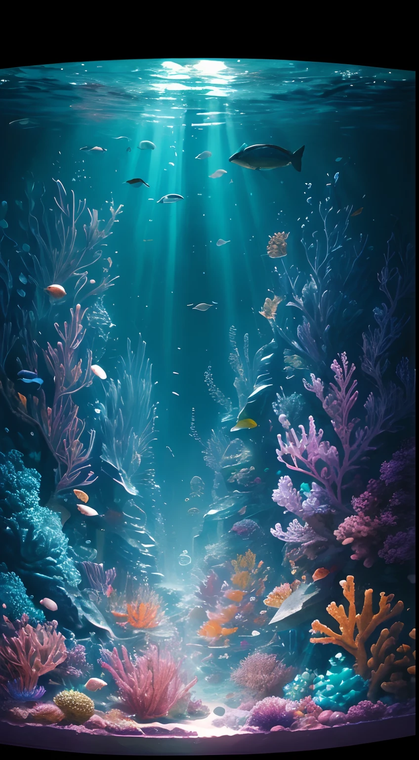 HDR ultra resolution 4k, 8k, ciudad de cristal submarina, Great underwater glass metropolis, Fantasy city living together in the sea, corals and flora Maria, volumetric illumination, colores vibrantes, Fantasy colors