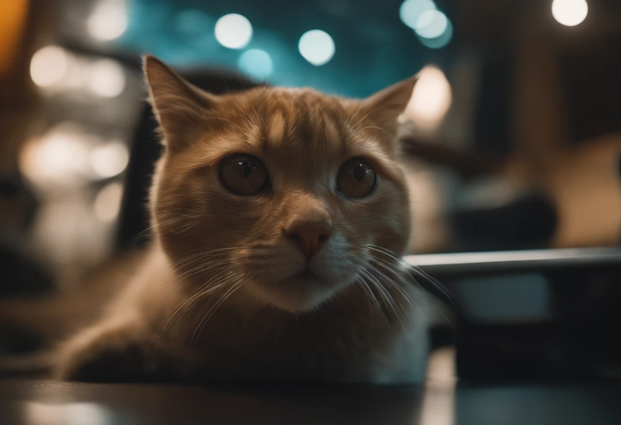 um gatinho laranja ciborgue de  metal em cima de uma mesa ao lado de um imac，(ciborgue:1.1)，([tail | Fio detalhado]:1.3)，(Detalhes complicados)，HDR，(Detalhes complicados，Ultra - Detalhado:1.2)，Lentes de cinema，vinheta，no centro，lente macro, ciborgue, estilo cyberpunk, ((detalhes intrincados)), HDR, ((detalhes intrincados, Ultra - Detalhado)), filmagem de cinema, vinheta, perfeito (((rosto lindo))), altamente detalhado, intrincado ,((best quality, 8k, master part: 1.3)),