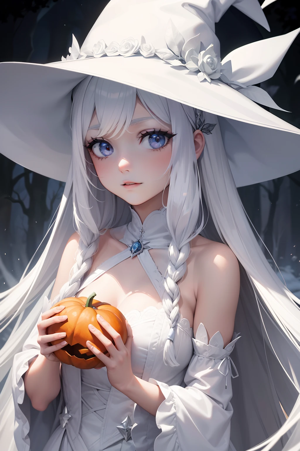 obra prima, superlativo, with white witch hat and white eyes, Feminino , somente, Halloween bonito , Halloween White Pumpkin, fundo do desenho da linha da flor, fundo branco, monocromatic, desenho de linha, ((esquete))