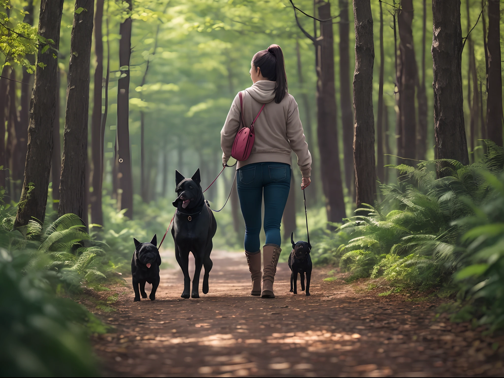 A beautiful woman is walking with her dog, a black mastiff, the background is a forest --auto --s2