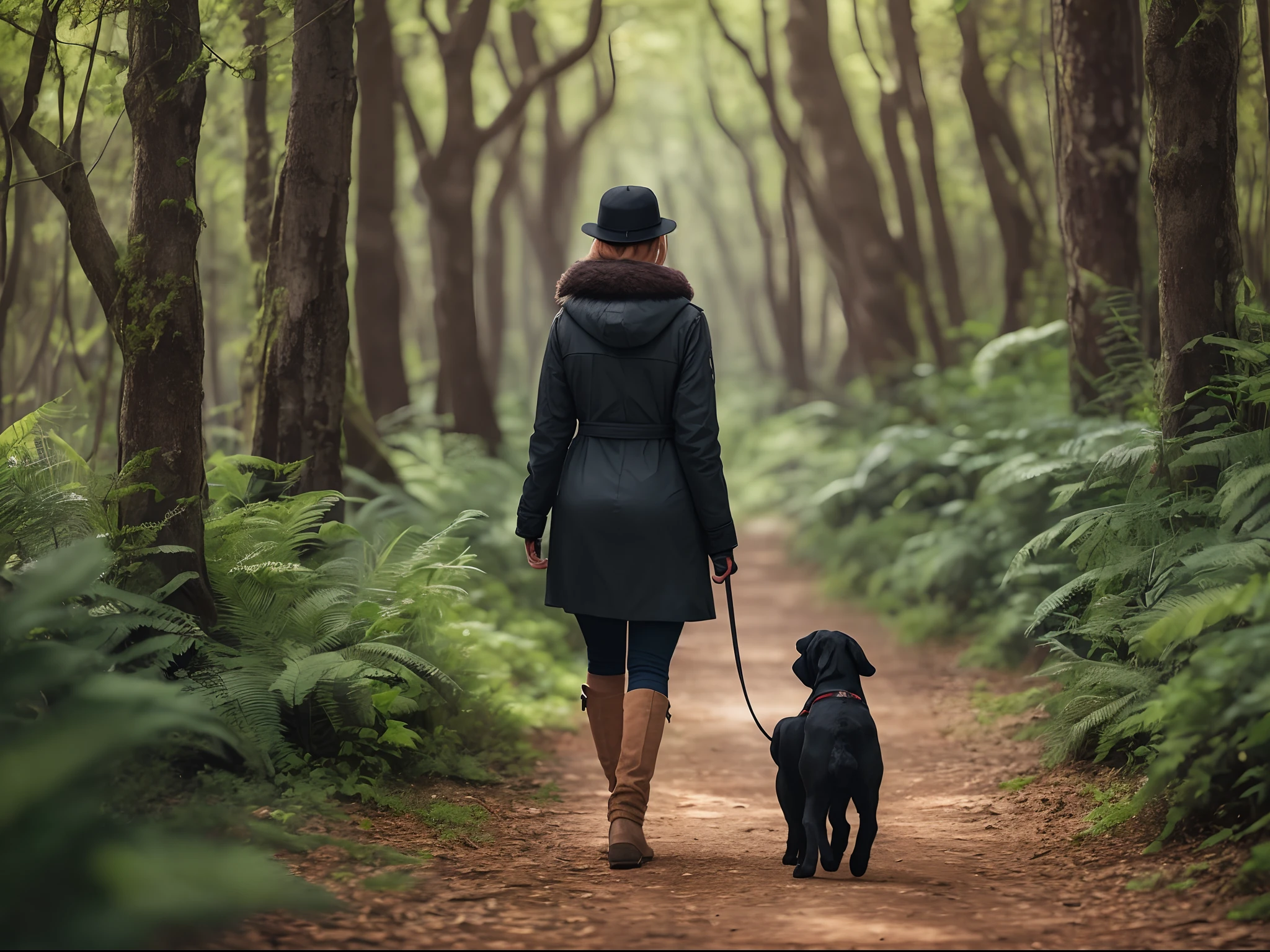 A beautiful woman is walking with her dog, a black mastiff, the background is a forest --auto --s2