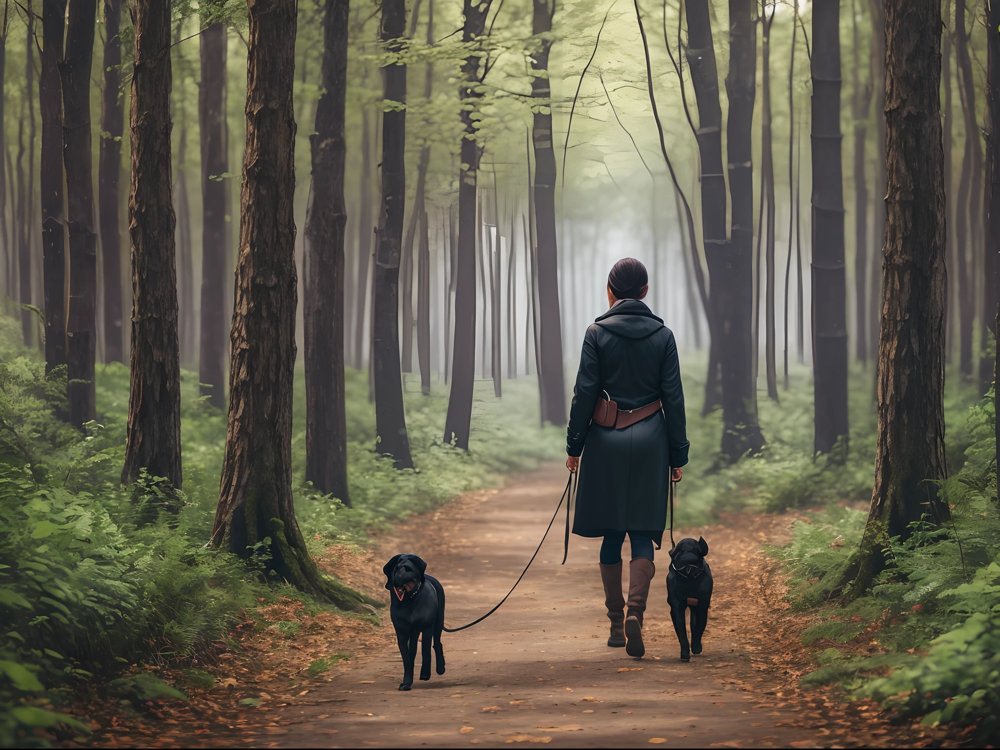A beautiful woman is walking with her dog, a black mastiff, the background is a forest --auto --s2