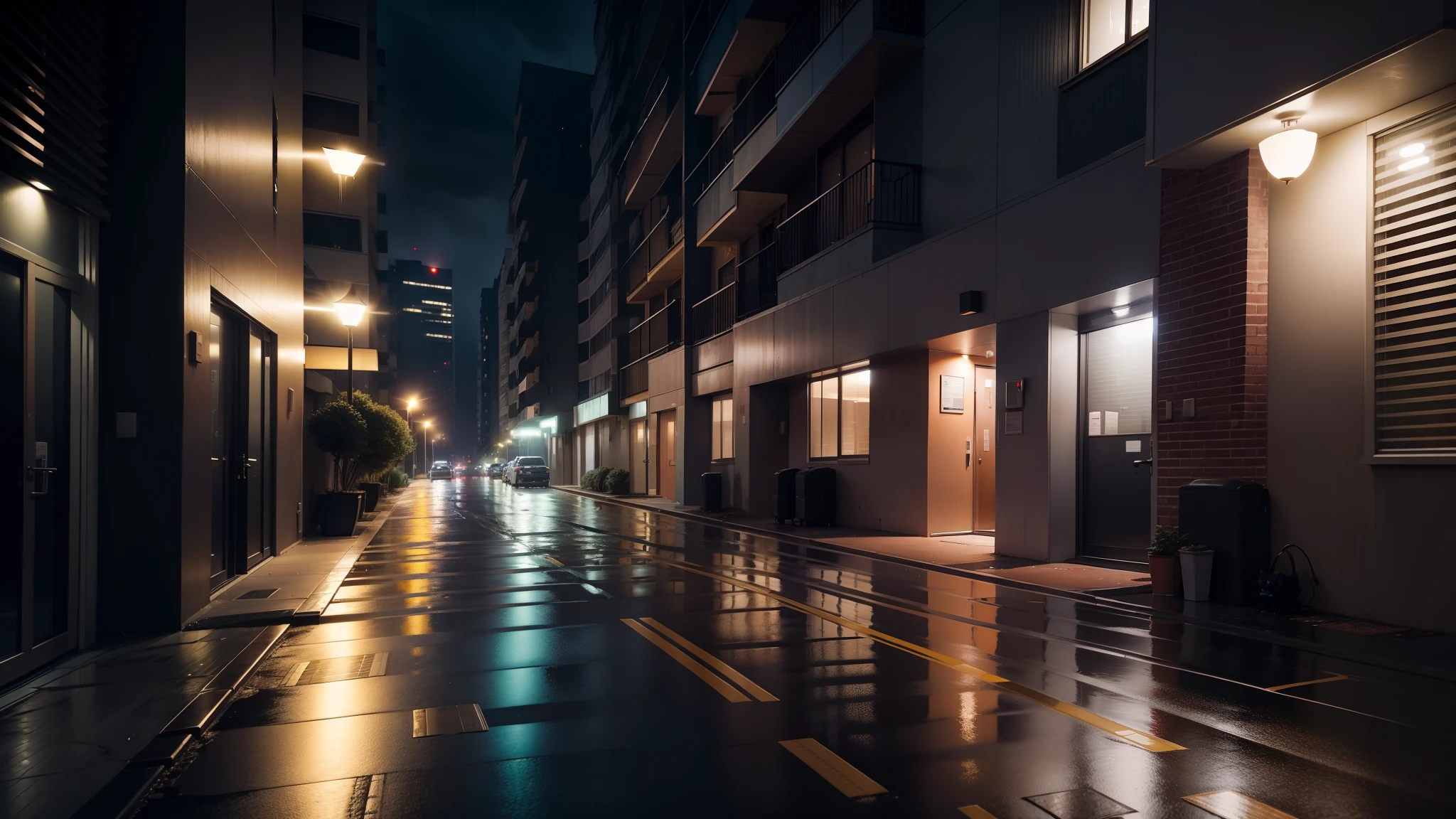 Exterior of an American apartment complex, Tall buildings, Night, rained, Little stray cat, Some lights turned on the building, pedestrian walkway