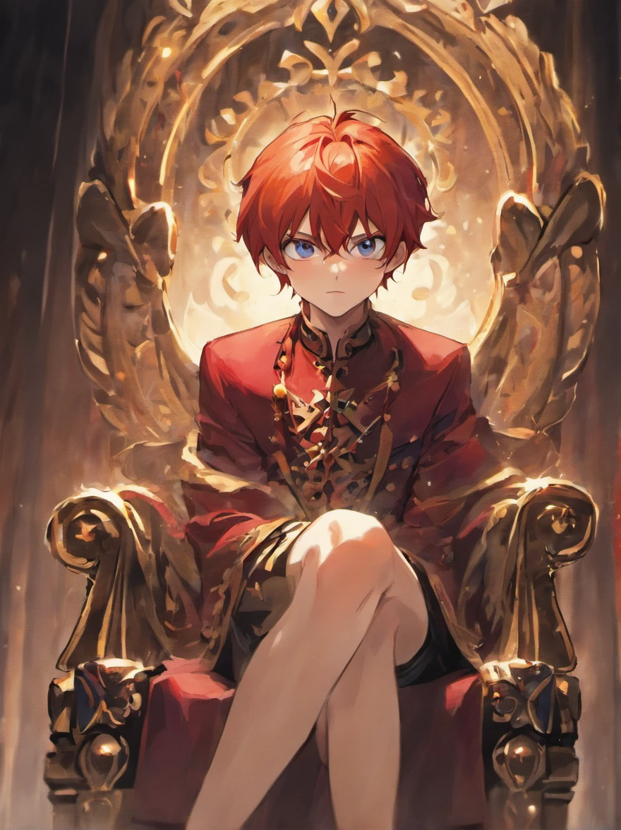 An 18-year-old boy with red hair sits on a throne in a confident pose