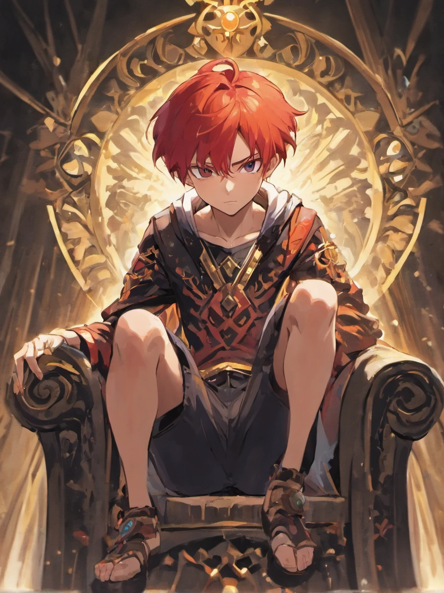 An 18-year-old boy with red hair sits on a throne in a confident pose