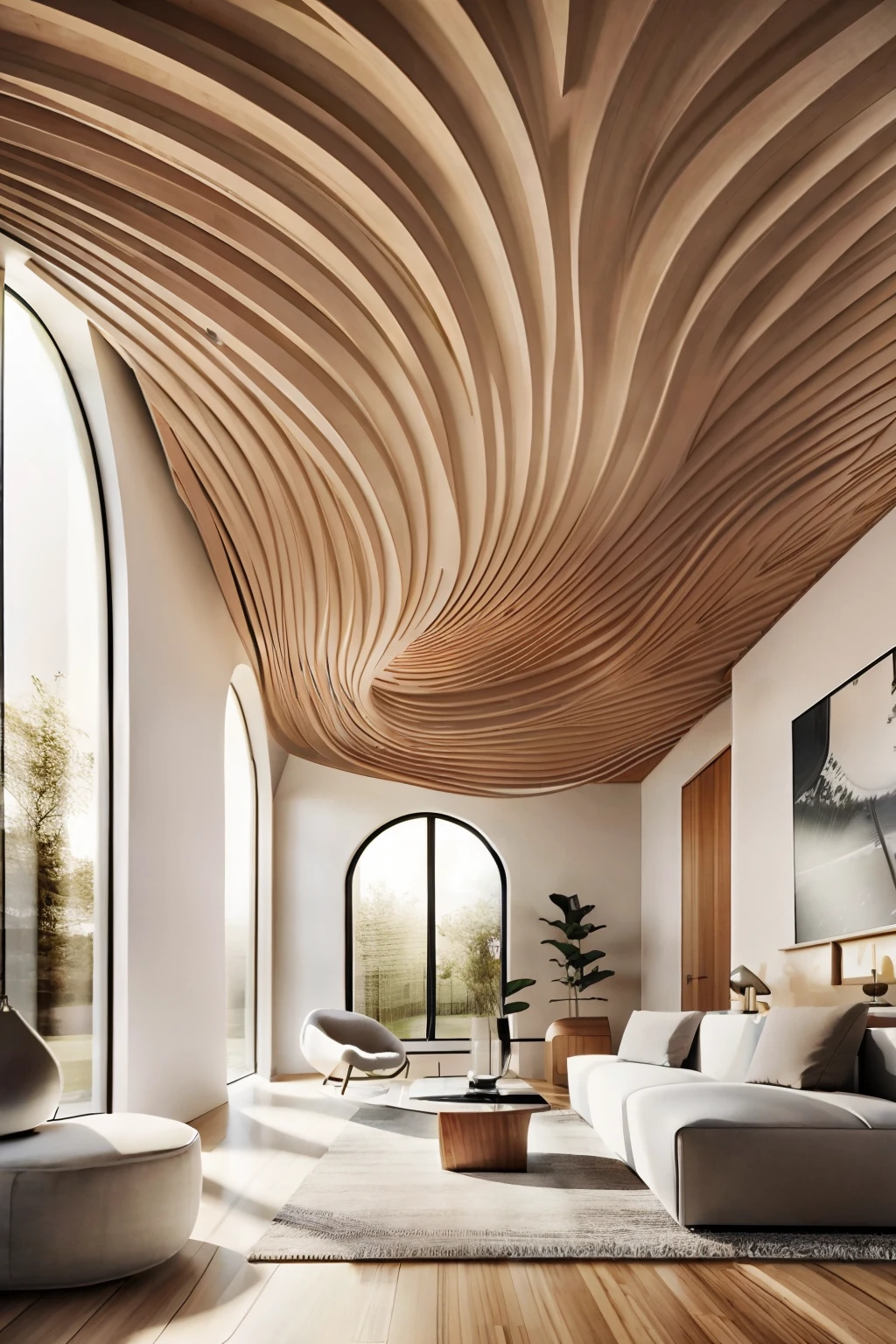 Large modern hall with futuristic wavy ceiling, (fotorealistisch:1.2)