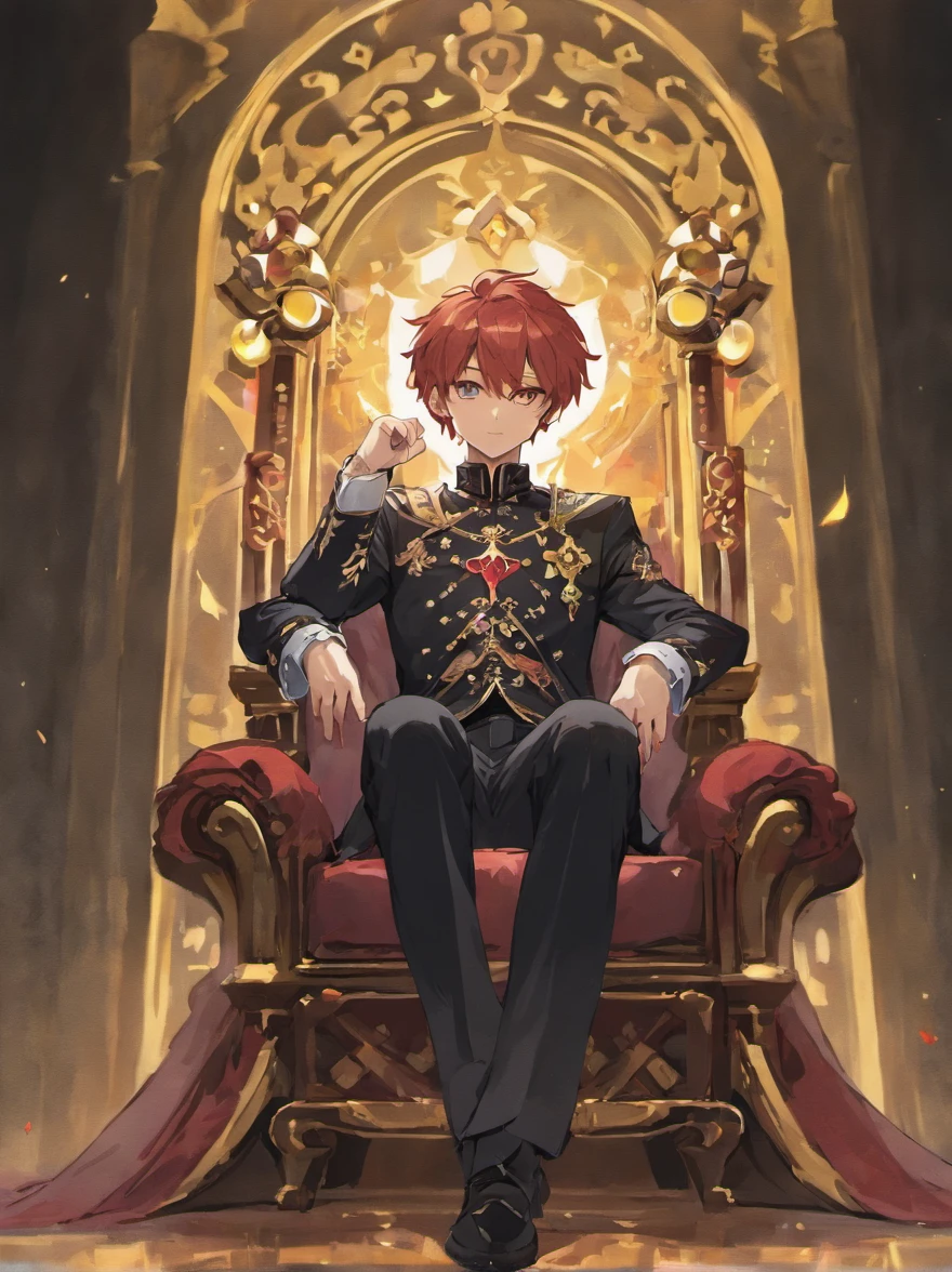 A young man sits on a throne in a confident pose
