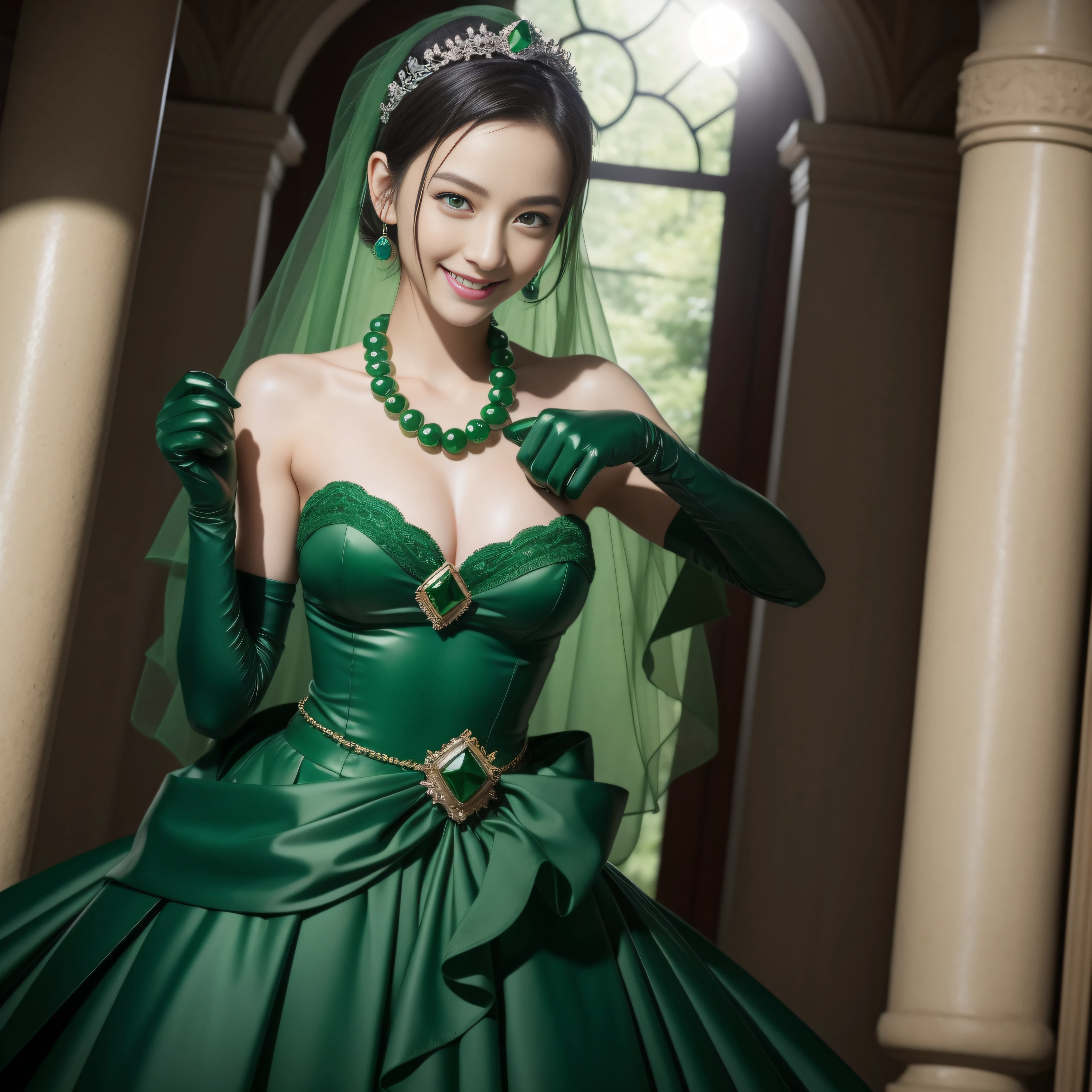 Boyish very short green hair, lipsticks, Japan woman smiling, Green Long Grove, Emerald Tia boyish very short black hair, lipsticks, Japan woman smiling, Satin green long gloves, Green Pearl Necklace, verd s eyes, Green eyes, Long green gloves made of satin material, big breasts beautiful, Green Bridal Veil, Green eyes, Emerald Earrings,emerald tiara, Green eyes
