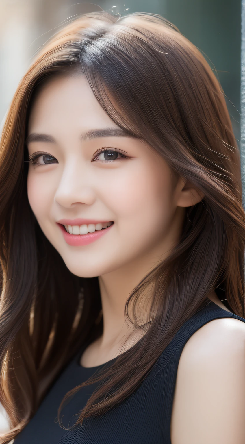 ((Best quality, 8k, Masterpiece :1.3)), 1girl, smiling, full body, slim face, Pretty woman, (Dark brown hair), full length dress :1.1, Ultra-detailed face, Detailed eyes, Double eyelid, blur background, slim face, city, outside, street,