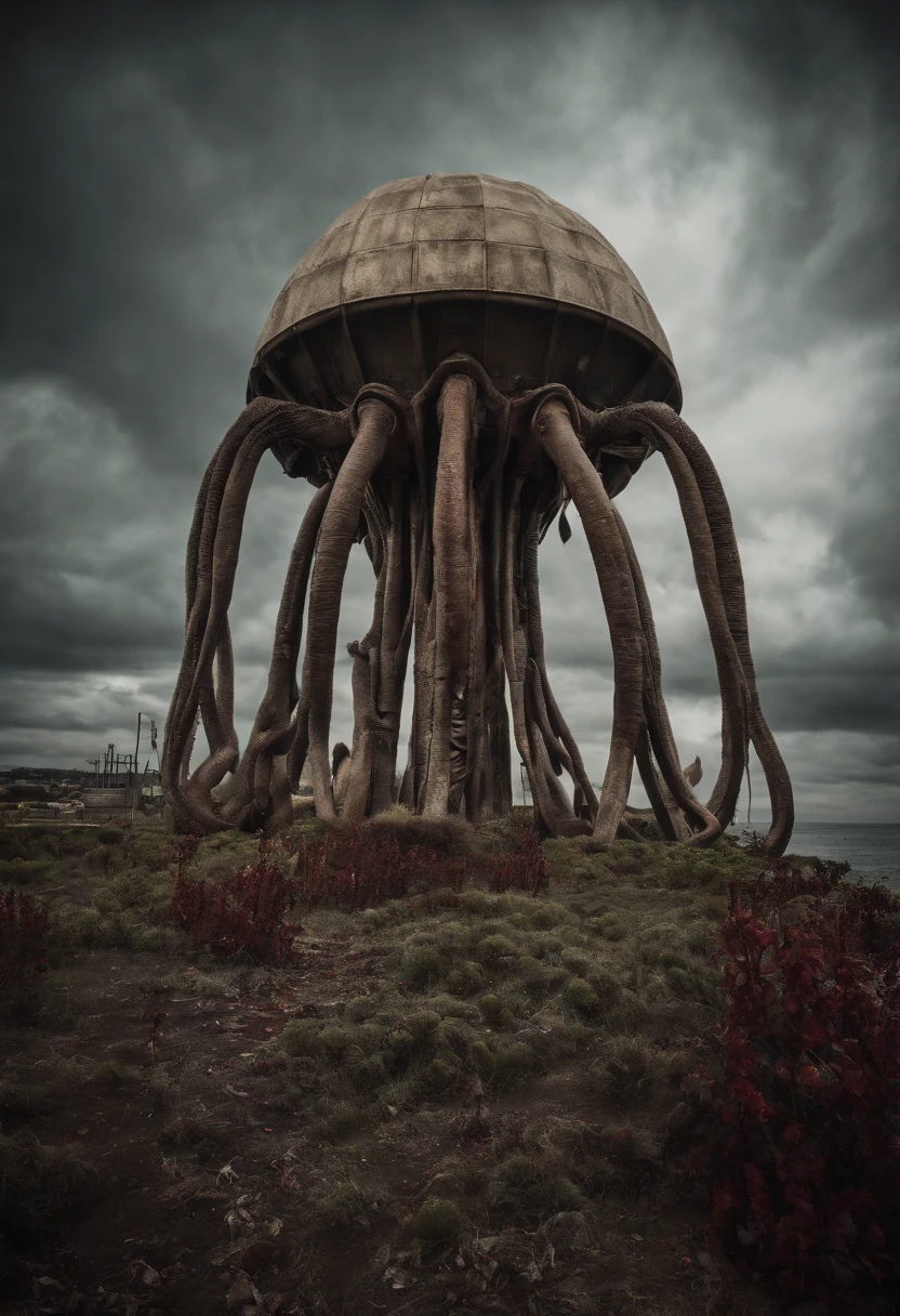 (((Cthulhu Mythos))),((Blood,Bloody)),Best quality, Masterpiece, A high resolution,extremely detailed CG wallpaper,Modern City,More details,(Stand on a tall building),(Black tentacles),(blood vess),kesulu