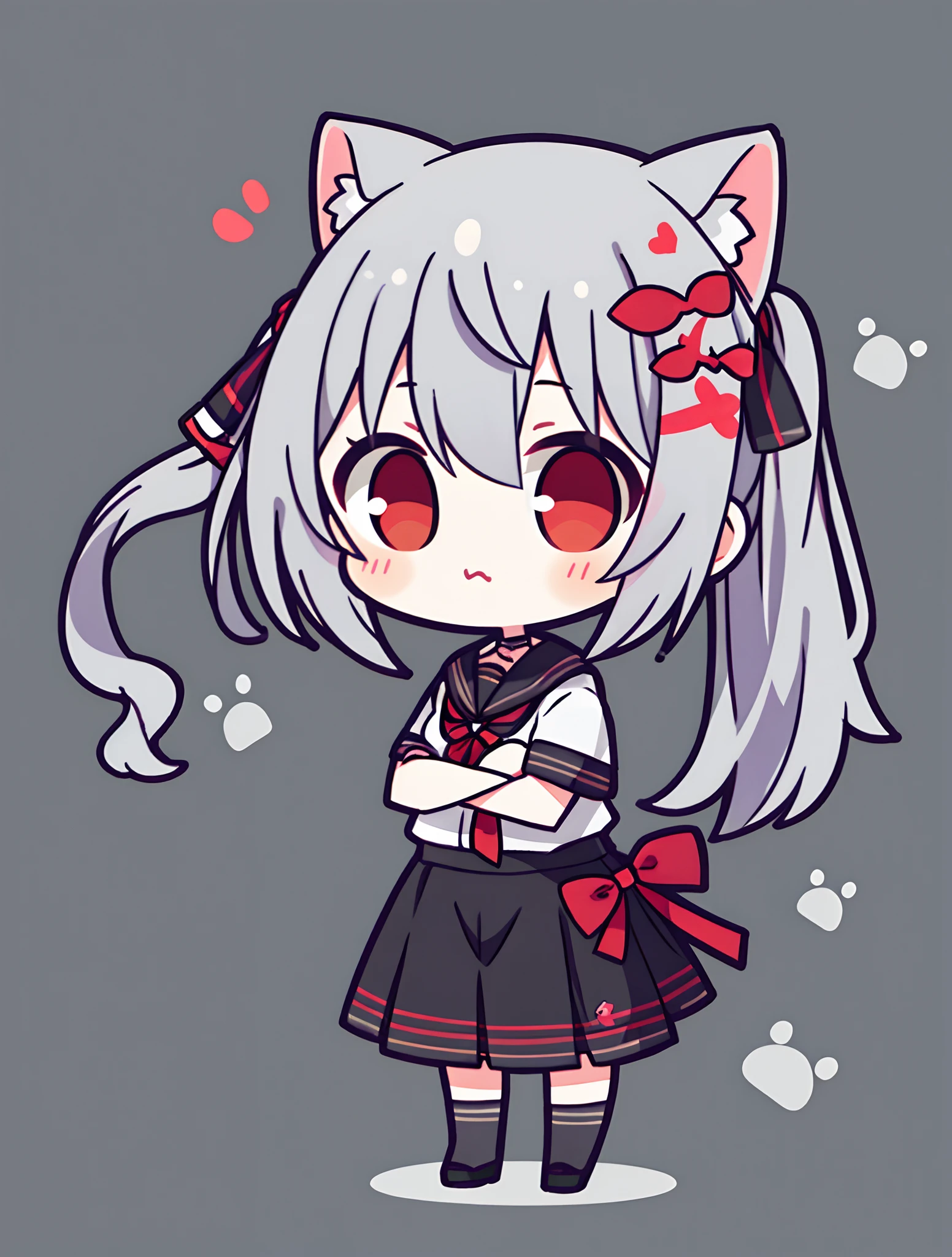 tmasterpiece, topquality, chibi, gray hair, red eyes color, pony tail, cat ears, tsundere, All-Black School Uniform with Red Bow, Schoolgirl girl, short sleeves