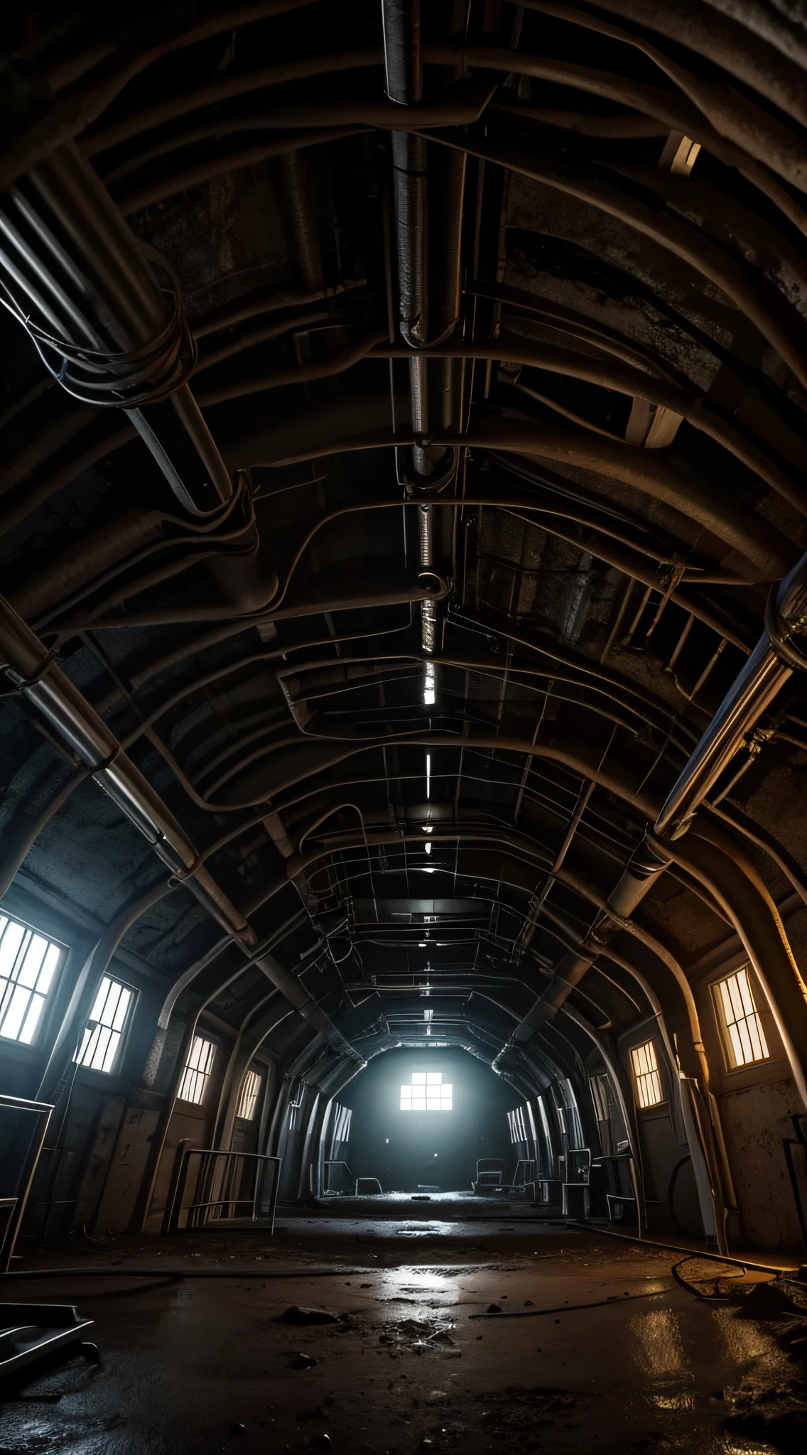 Generate an image of an underground laboratory beneath the island, hinting at alleged experiments, with scientific equipment and eerie lighting.