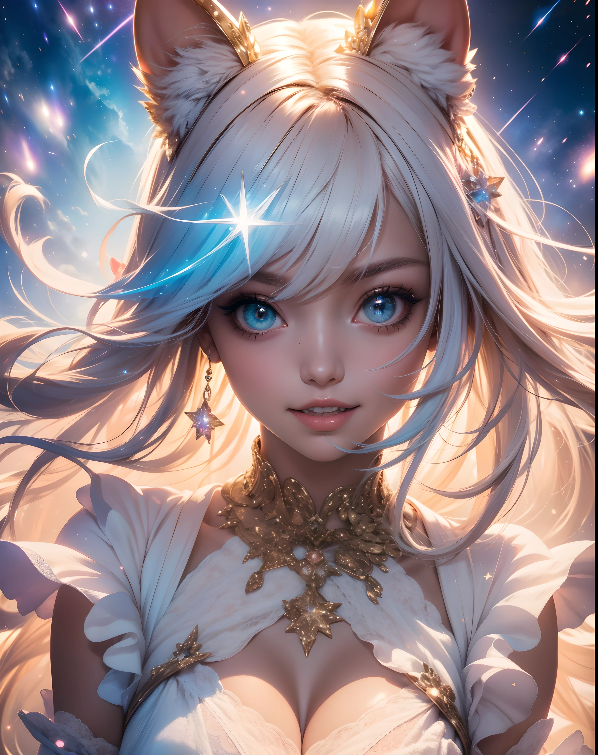cute little star fox,peachy galaxy,illustration,dreamy background,vibrant colors,soft pastel tones,happy expression,fluffy fur,big bright eyes,playful pose,hovering in space,floating motion,sparkling stars,faint nebula clouds,shooting stars,twinkling lights,magical atmosphere,ethereal beauty,best quality,ultra-detailed,realistic,portrait style,studio lighting