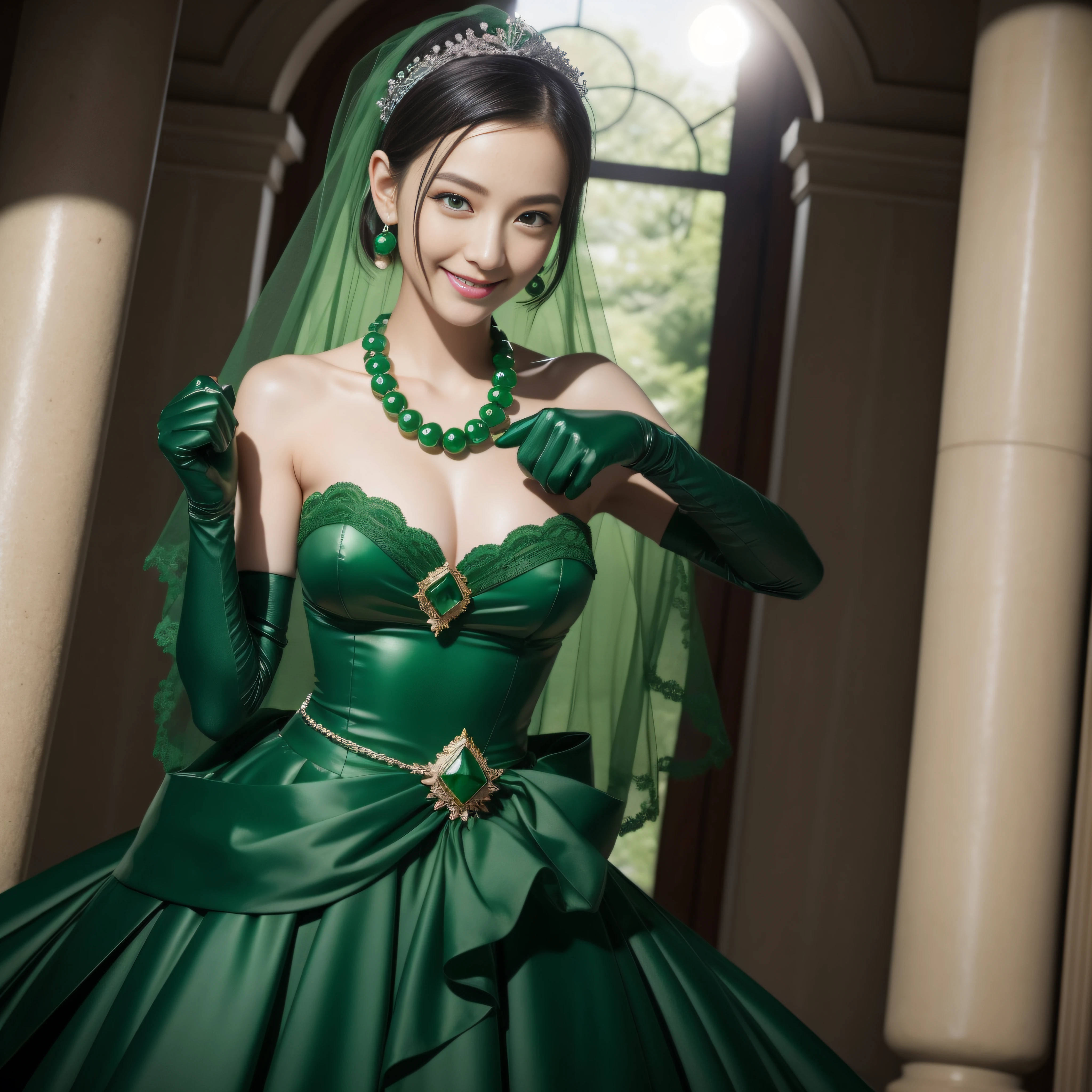 Boyish very short green hair, lipsticks, Japan woman smiling, Green Long Grove, Emerald Tia boyish very short black hair, lipsticks, Japan woman smiling, Satin green long gloves, Green Pearl Necklace, verd s eyes, Green eyes, Long green gloves made of satin material, big breasts beautiful, Green Bridal Veil, Green eyes, Emerald Earrings,emerald tiara, Green eyes