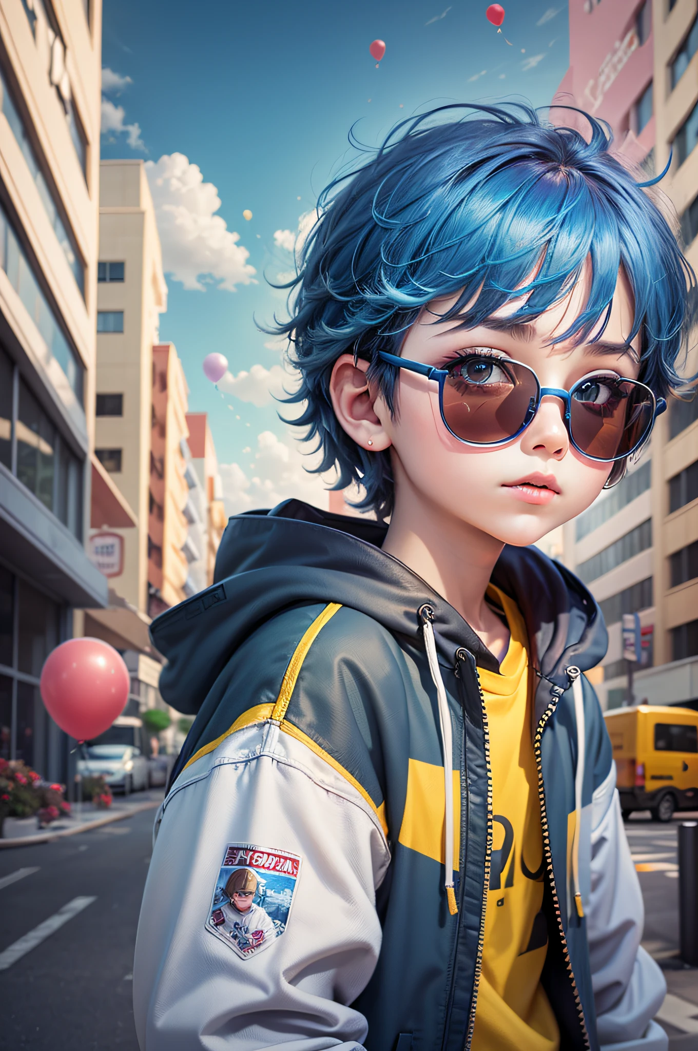 Loli boy, beautiful and cute, wearing blue sunglasses, yellow jacket, white sweatshirt, lots of colorful balloons, baby face, chibi style, red and blue two-color hair, perfect detail eyes, delicate face, perfect CG, HD picture quality, colorful balloons, sky, a white truck parked in front of a building, --auto --s2