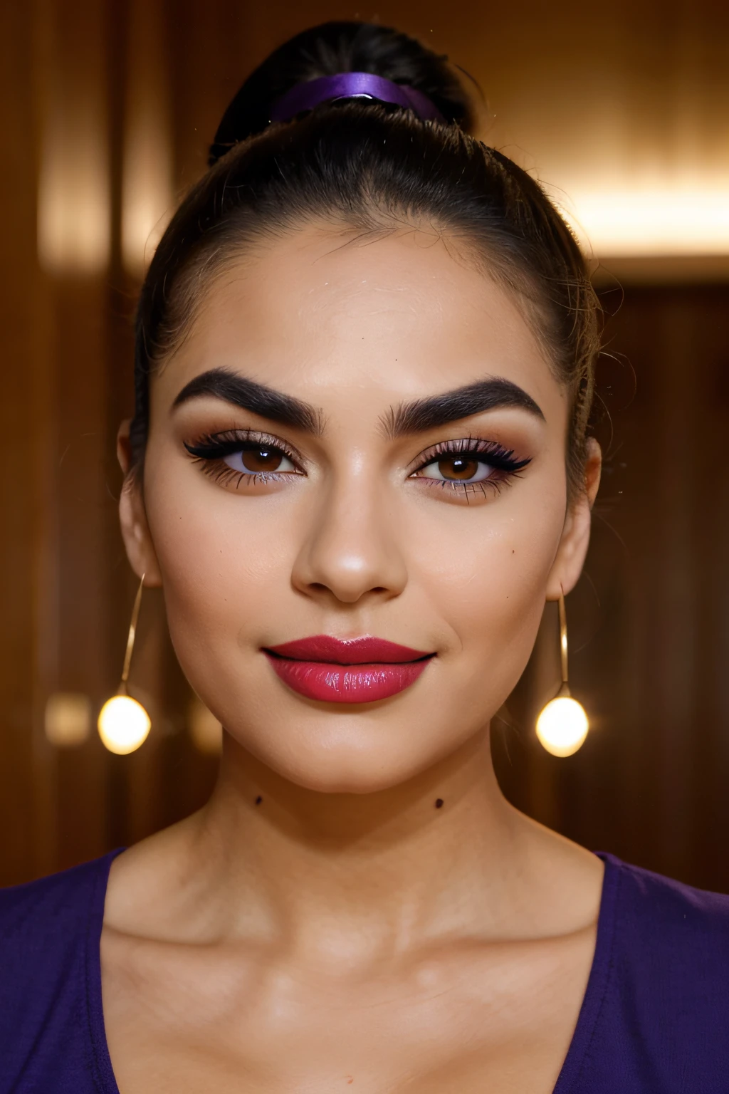 face closeupa close up of a woman's face with red lips, gorgeous latina face, beautiful smile, big bold thick eyebrows, large eyebrows, thick eyebrows, violet eyeshadow, sexy face with full makeup, close up face, dark thick eyebrows, thick lips, thick bushy straight eyebrows, violet detailed flawless face, purple eyeshadow, straight eyebrows, flawless olive skin, relaxed eyebrows, big eyebrows, smiling, looking straight into camera, perfect face