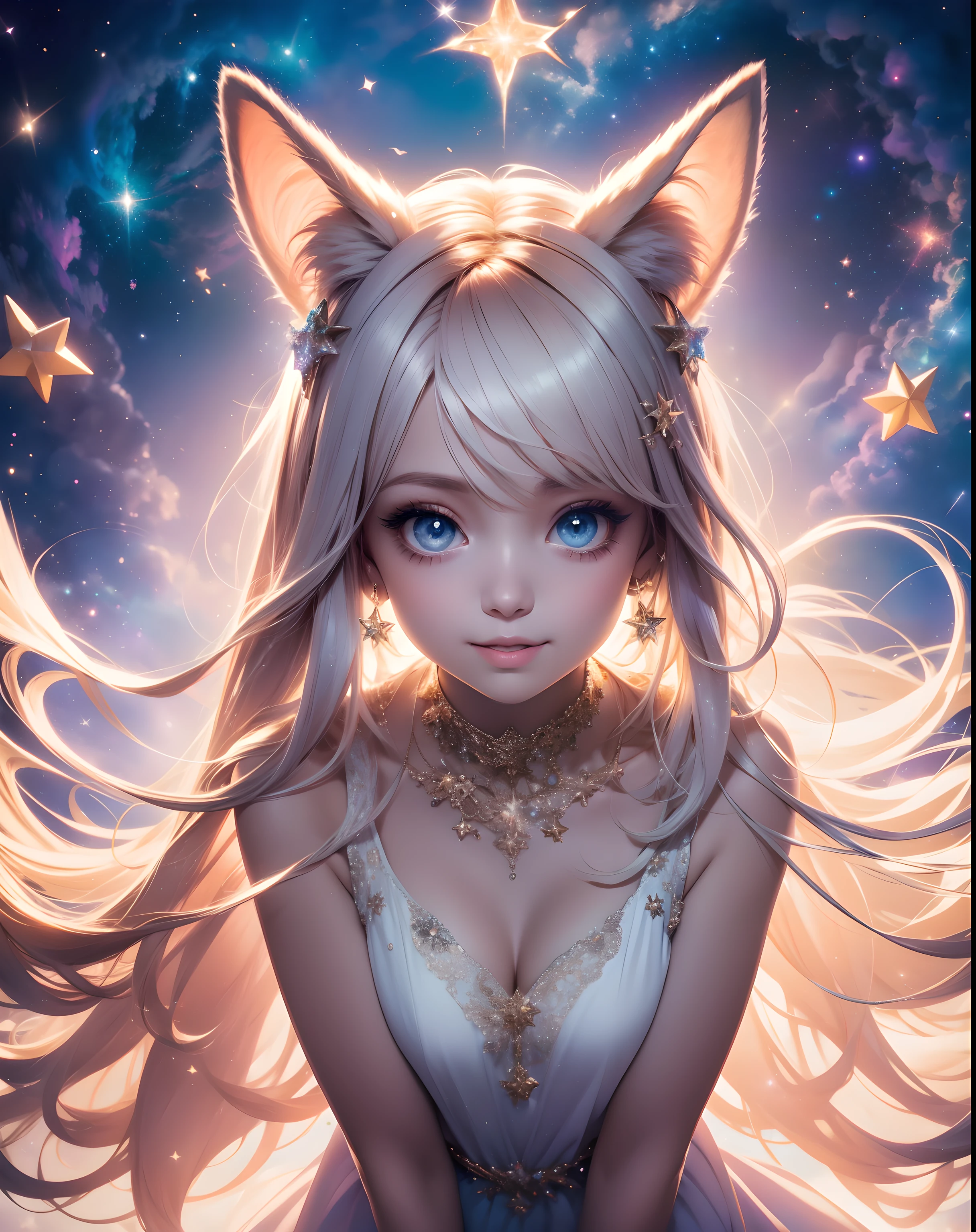 cute little star fox,peachy galaxy,illustration,dreamy background,vibrant colors,soft pastel tones,happy expression,fluffy fur,big bright eyes,playful pose,hovering in space,floating motion,sparkling stars,faint nebula clouds,shooting stars,twinkling lights,magical atmosphere,ethereal beauty,best quality,ultra-detailed,realistic,portrait style,studio lighting