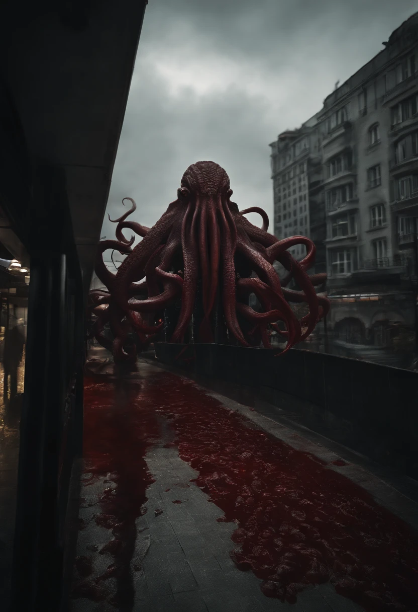 (((Cthulhu Mythos))),((Blood,Bloody)),Best quality, Masterpiece, A high resolution,extremely detailed CG wallpaper,Modern City,More details,(Stand on a tall building),(Black tentacles),(blood vess),kesulu