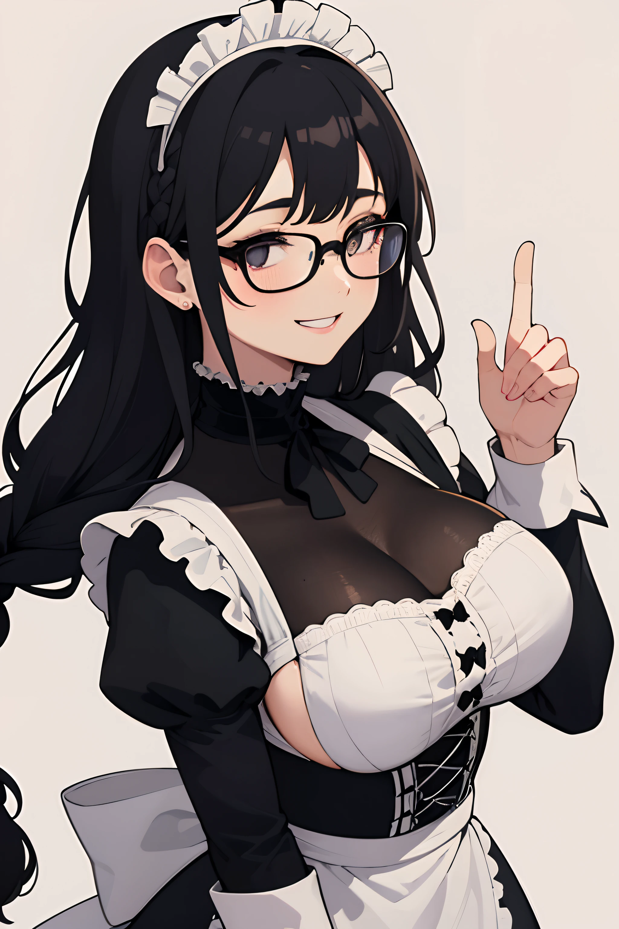 (best-quality:0.8), (best-quality:0.8), perfect anime illustration, solo, 1girl, curly_hair, NERDY, Sharp eyes, Smile, 2 inverted triangle barrettes in the bangs, Bright black hair, double braided hair, Bright black eyes, bags under eyes, Freckles, big_round_glasses, Dental braces on teeth, masterpiece portrait, caustics, textile shading, high resolution illustration, colorful, looks away, high contrast, high saturation, cozy night city landscape background, ((victorian_maid)), (dark:1.3), ((Large breasts)), Five fingers, Menhera