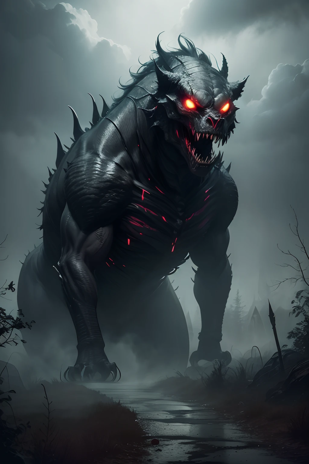 (best quality,4k,8k,highres,masterpiece:1.2),ultra-detailed,scary monster,terrifying creature,large teeth,fierce eyes,monstrous claws,menacing presence,nightmarish appearance,horrifying beast,unearthly creature,dark and sinister,nocturnal creature,shadows and darkness,dreadful roaring,ominous atmosphere,horror film aesthetic,sinister colors,hauntingly beautiful,creepy ambiance,eerie lighting,unsettling details,forbidden forest,ominous stormy sky,unleashing its powers,menacingly lurking,terrifying encounter,danger lurking in every corner,heart-pounding suspense,horror masterpiece