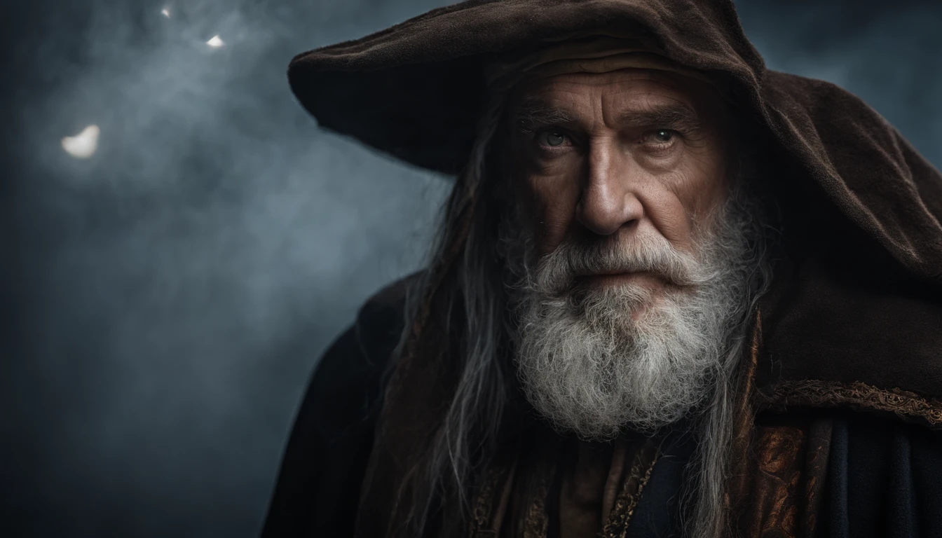 A portrait of a wizard, bearded, wrinkled, weathered, with piercing eyes, detailed face, high details, photography, dark studio, rim light, Nikon D850, 50mm, f/1.4