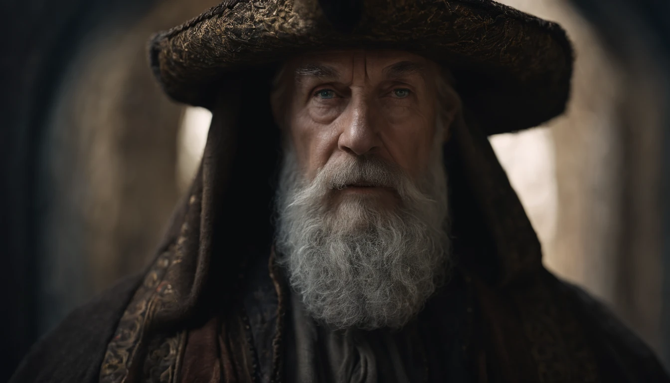A portrait of a wizard, bearded, wrinkled, weathered, with piercing eyes, detailed face, high details, photography, dark studio, rim light, Nikon D850, 50mm, f/1.4