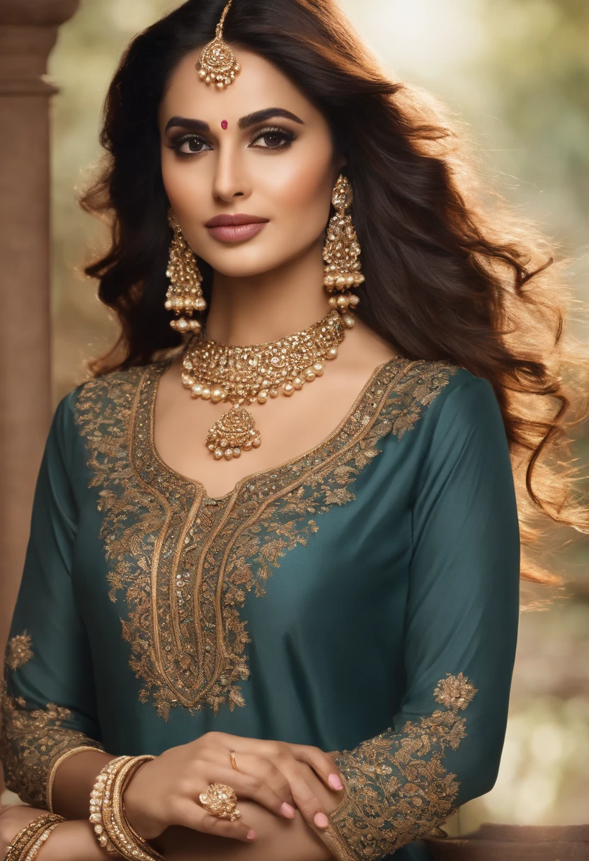 Generate a high-resolution, realistic image of a beautiful Indian female AI influencer. She should appear to be in her mid-20s. Her hair should be long, straight, and jet-black, cascading down to her mid-back. She should have a fair, flawless, and radiant white skin tone. Her eyes should be large, almond-shaped, and expressive, with dark brown irises that glisten with warmth and charm. She should have perfectly arched eyebrows that frame her face elegantly, a button-shaped nose, and full, soft lips with a natural pinkish hue. Her face should be well-proportioned with high cheekbones, a slender jawline, and a graceful neck.
For her attire, she should be dressed in an elegant yet comfortable kurti pajama ensemble. The kurti should be beautifully designed, adorned with intricate embroidery and elegant patterns, and it should have a modest neckline that covers her chest without revealing cleavage. The pajama should be tailored to perfection, adding to her graceful appearance. She complements the outfit with traditional Indian jewelry, including delicate earrings, bangles, and a necklace that enhances her overall look.
In terms of posture, she stands confidently with her head held high, exuding self-assuredness and grace. One hand is on her hip, while the other lightly holds the edge of her kurti. Her posture conveys a sense of approachability and warmth, inviting her audience to engage with her.