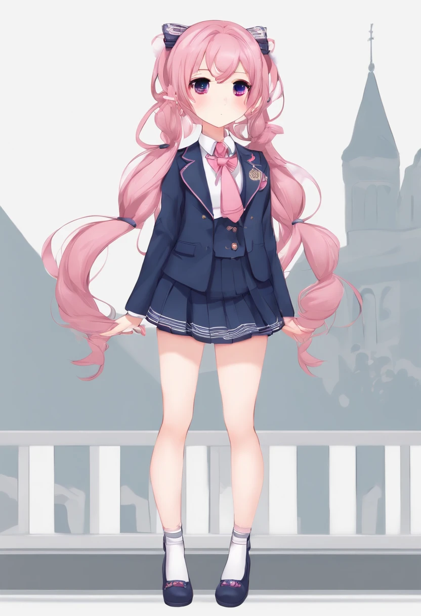 Very cute (beautiful chibi anime girl), solo, simple background, beautiful twintails *pink* hair, beautiful detailed *dark blue blazer, pink skirt* high school uniform, full body, standing , very detailed face and *pink* eyes, with clear contours