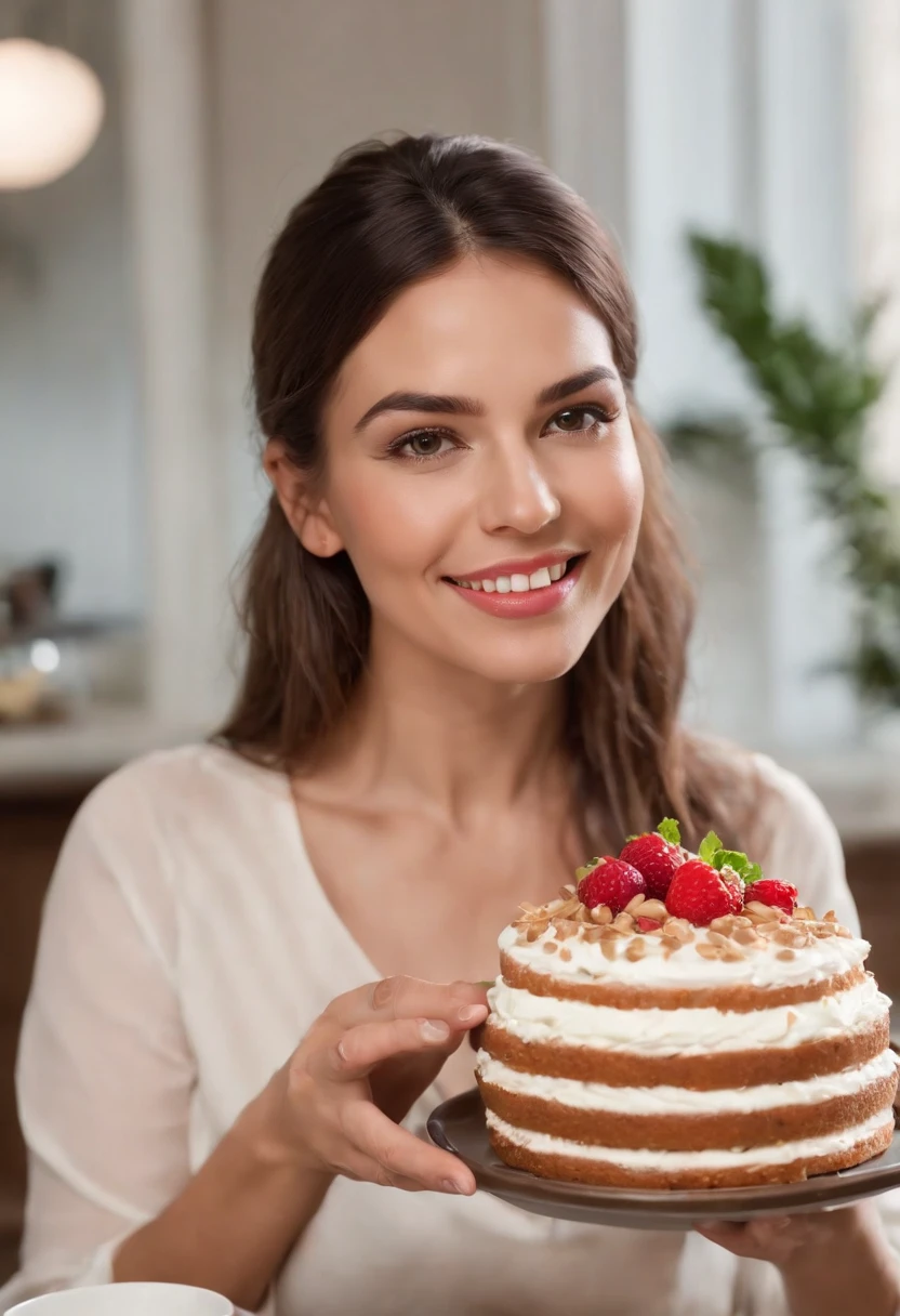 "Create a captivating image that illustrates the concept of 'Emagrecendo com Sabor e Saúde.' Show a confident, happy woman enjoying a slice of delicious, healthy cake while making progress on her weight loss journey. The image should convey the idea that one can achieve their weight loss goals while savoring flavorful and nutritious food. Ensure the image is visually appealing and inspiring, encouraging viewers to associate 'sabor' (flavor) with 'health' (health) in their weight loss efforts. Use vibrant colors and a clear visual narrative to make the concept compelling and relatable."