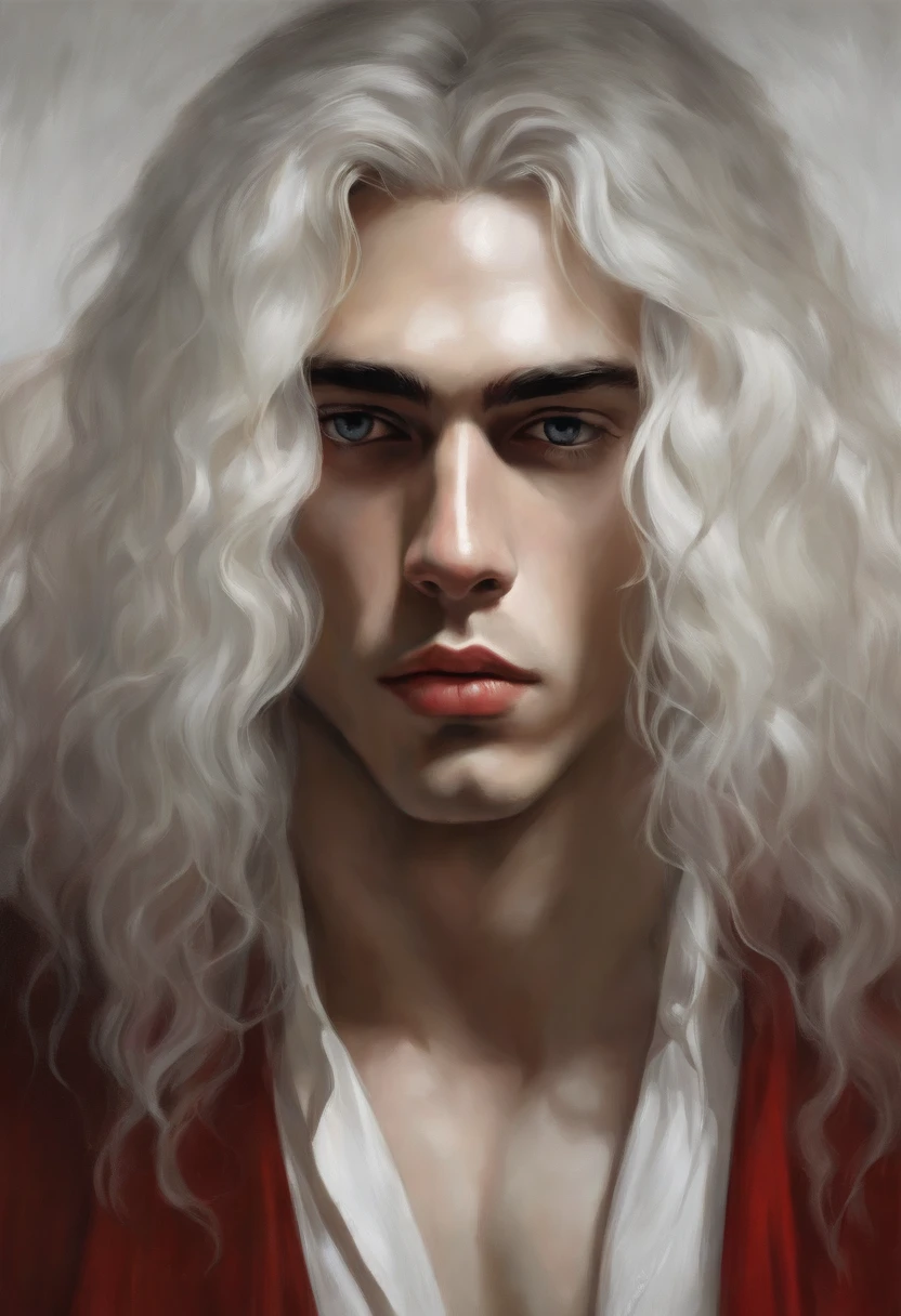A meticulously detailed painting depicts a remarkable-looking young man. Seu cabelo branco como a neve cai em cascata sobre seus ombros, contrasting sharply with his pale skin, almost translucent. Ele veste um elegante terno de cores negras e vermelhas, que se encaixa perfeitamente em seu corpo esguio e alto. The young man's eyes are the most intriguing feature of his image. Um profundo carmesim, eles parecem brilhar em contraste com sua palidez. No entanto, The expression on his face is completely absent of emotion. Seus olhos, de uma beleza quase hipnotizante, are empty, as if hiding deep and unfathomable secrets. The young man wears no mask or disguise.. His face is naked, Revealing angular strokes, thin lips and defined chin, But there is no hint of emotion or intention in his impassive expression. While the young man remains motionless, Ao redor dele, Blood stains stain the floor and the surrounding space. These crimson marks look as fresh as if they had been left a moment ago, creating a stark contrast to his own pallor. Ao fundo, uma enorme e sinistra "lua de sangue" domina o horizonte. Its hue is intensely red, casting a dark, brilho enervante sobre toda a cena. This blood moon seems to be in perfect consonance with the mysterious and unsettling aura that surrounds the white-haired young man.
