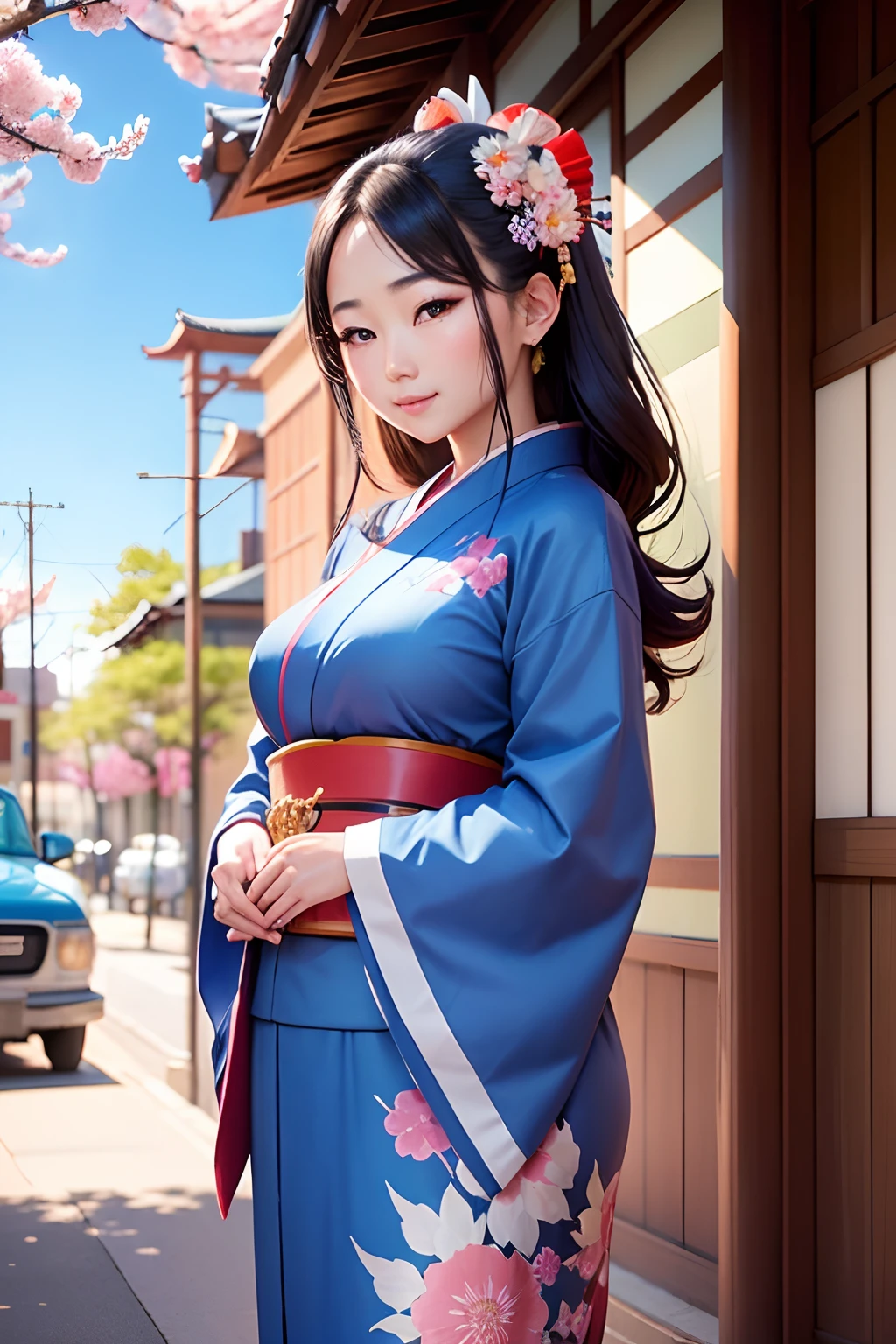 beautiful japanese woman,standing on a corner,winslow arizona,portrait,vibrant colors,traditional kimono,vibrant blue sky,sunny day,sakura blossoms,lovely smile,detailed facial features,cherry blossoms,peaceful atmosphere,geisha fan,traditional hairstyle,polished appearance,japanese makeup,cultural fusion,serene expression,captivating beauty,graceful posture,beaming eyes