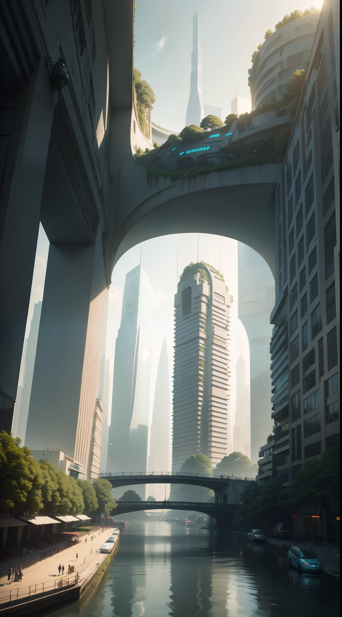 arafed view of a city with a bridge and a river, by Zha Shibiao, inspired by Zha Shibiao, landscape of a future city, inspired by Cheng Jiasui, beeple rendering, city of the future, with tall glass skyscrapers, beautiful city of the future, skyscrapers with greenery