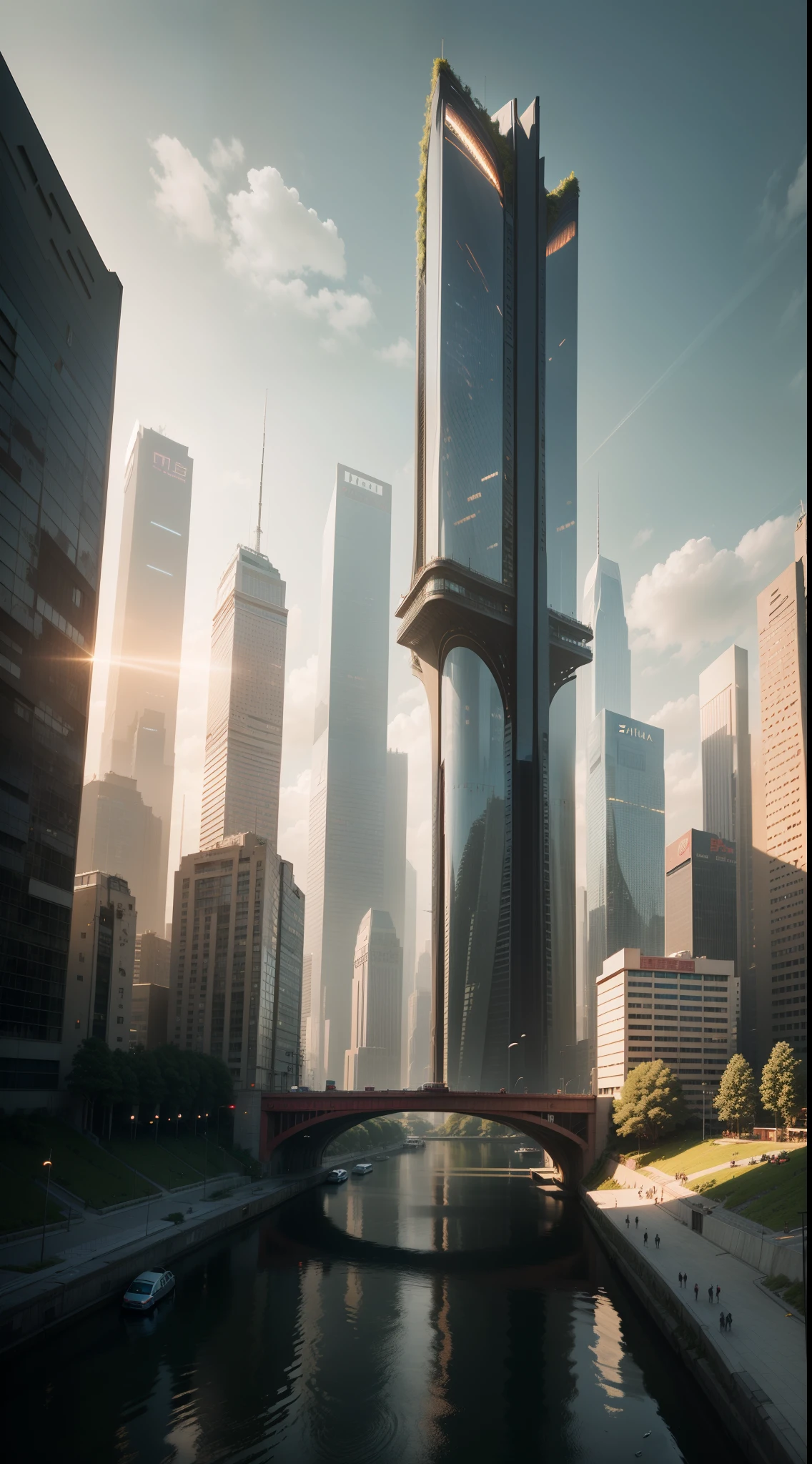 arafed view of a city with a bridge and a river, by Zha Shibiao, inspired by Zha Shibiao, landscape of a future city, inspired by Cheng Jiasui, beeple rendering, city of the future, with tall glass skyscrapers, beautiful city of the future, skyscrapers with greenery