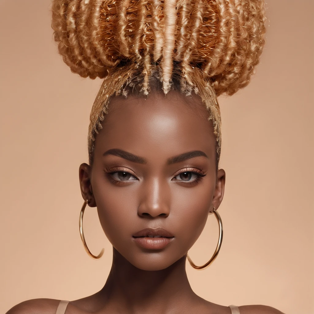 one African model ,Unique hair details, Y2K tube-top fashion. Fairy like. Mechanical fashion, Near future, Curvilinear details , detailed eyes, double eyelid, plump lips, short hair, professional makeup, golden ratio, hyper res