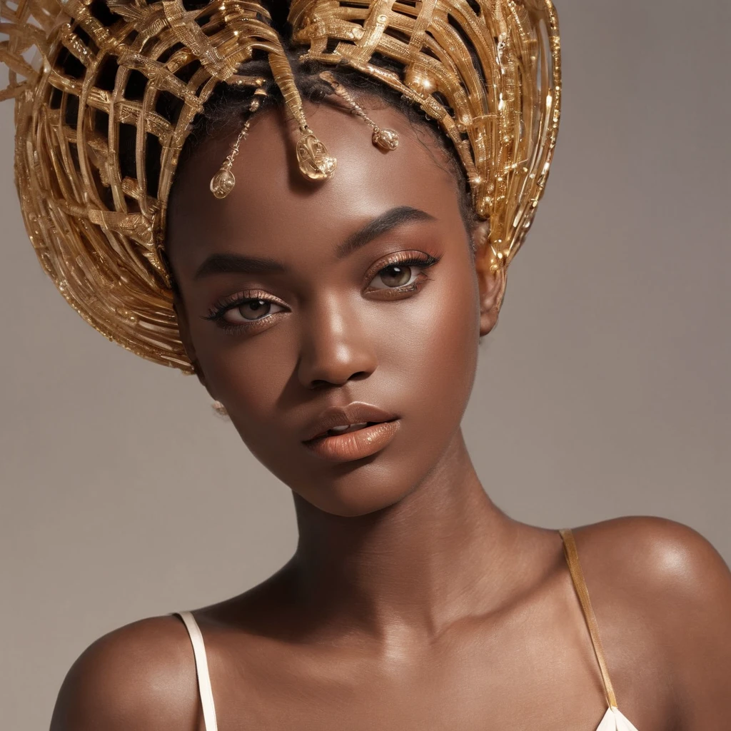 one African model ,Unique hair details, Y2K tube-top fashion. Fairy like. Mechanical fashion, Near future, Curvilinear details , detailed eyes, double eyelid, plump lips, short hair, professional makeup, golden ratio, hyper res