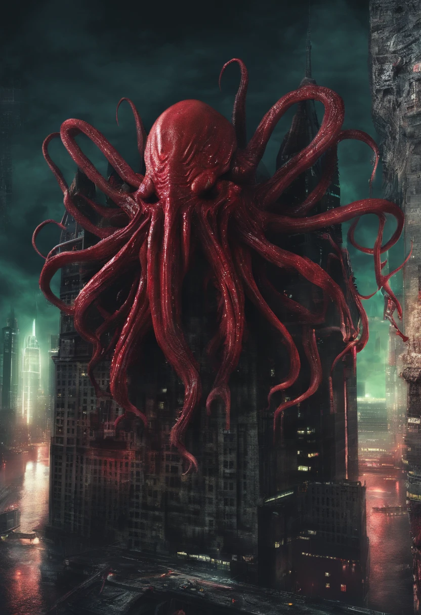 (((Cthulhu Mythos))),((Blood,Bloody)),Best quality, Masterpiece, A high resolution,extremely detailed CG wallpaper,Modern City,More details,(Stand on a tall building),(Black tentacles),(blood vess),kesulu