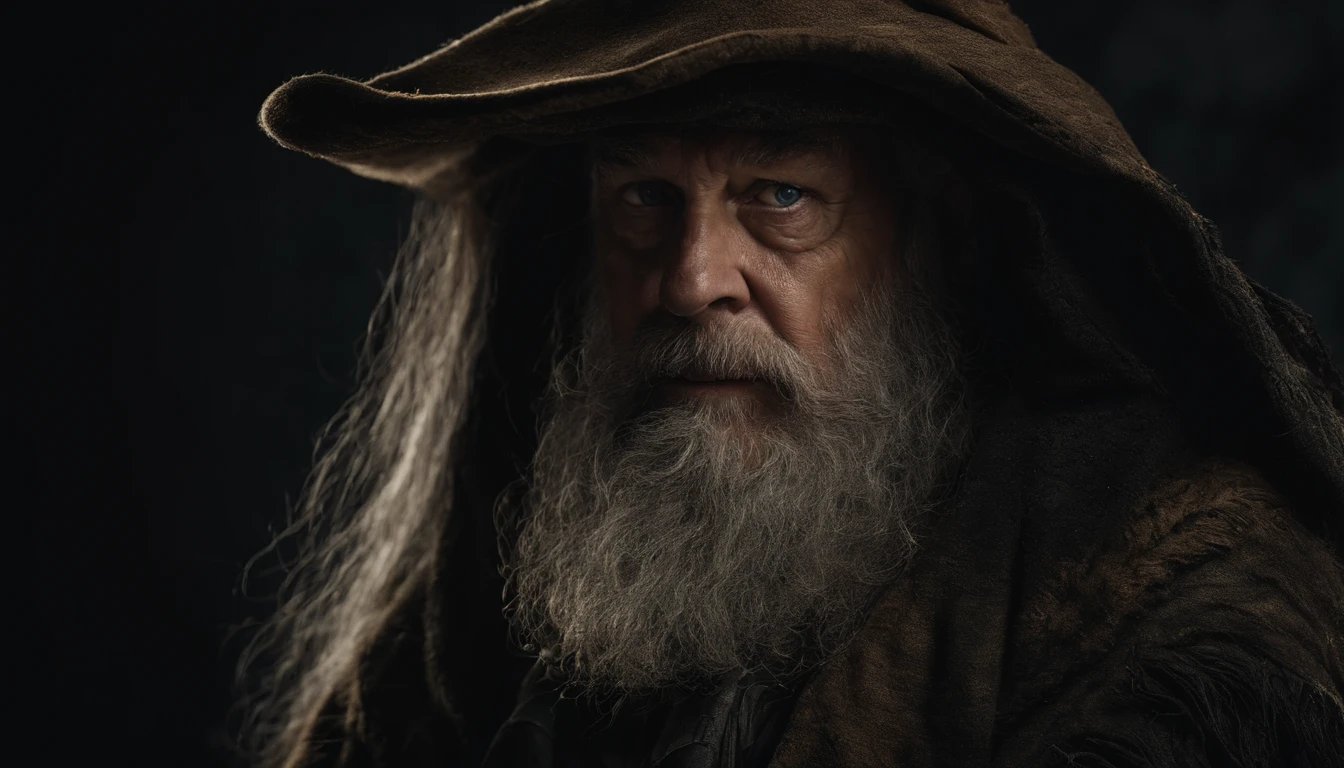 A portrait of a wizard, bearded, wrinkled, weathered, with piercing eyes, detailed face, high details, photography, dark studio, rim light, Nikon D850, 50mm, f/1.4