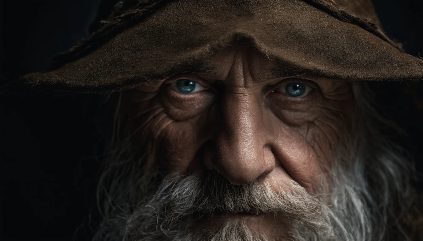 A portrait of a wizard, bearded, wrinkled, weathered, with piercing eyes, detailed face, high details, photography, dark studio, rim light, Nikon D850, 50mm, f/1.4